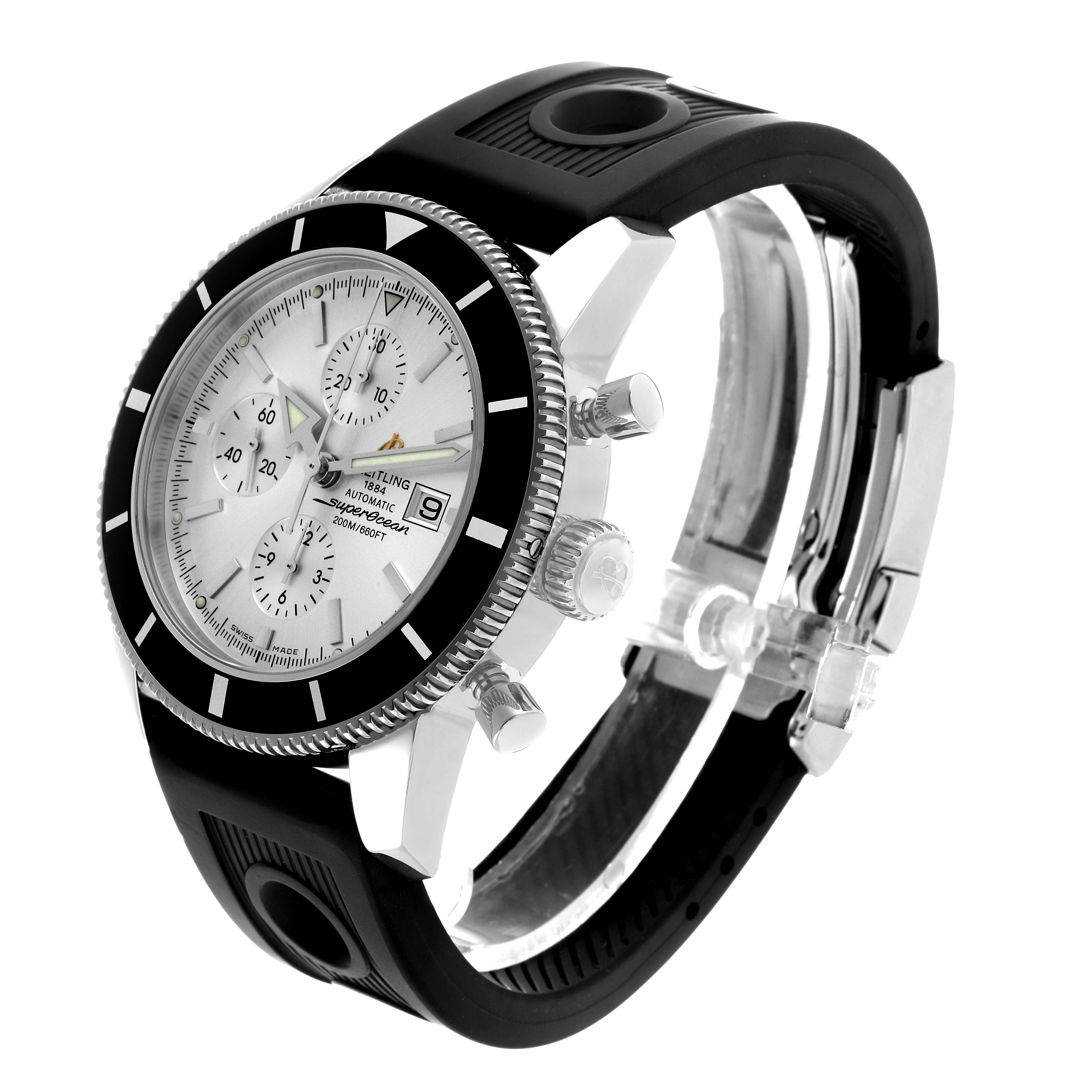 The Breitling Superocean A13320 Men's Stainless Steel Silver Dial watch is shown at an angle highlighting the dial, bezel, pushers, and rubber strap.