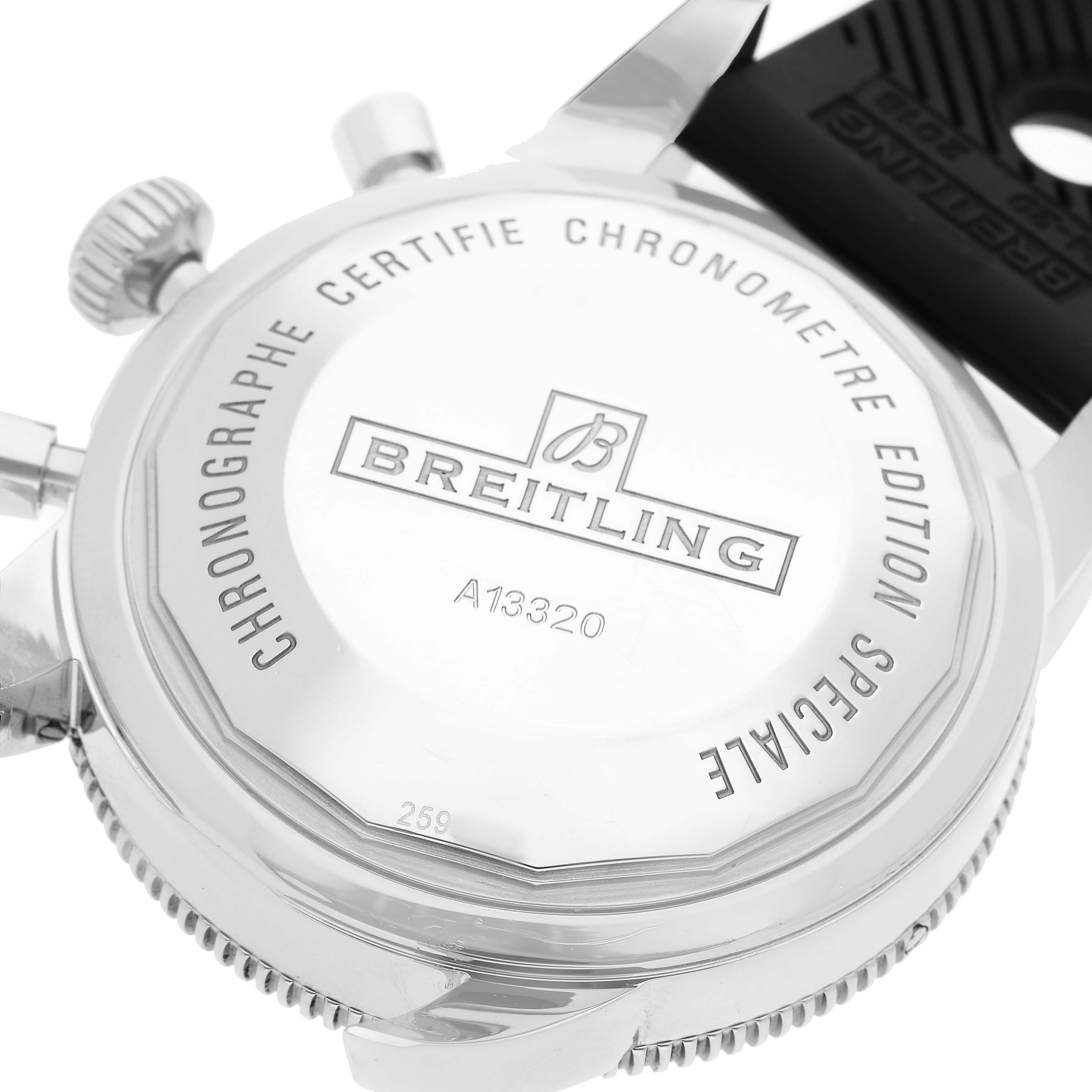 The image shows the back of a Breitling Superocean A13320 Men's Stainless Steel Silver Dial watch, featuring the case back, crown, and a portion of the strap.