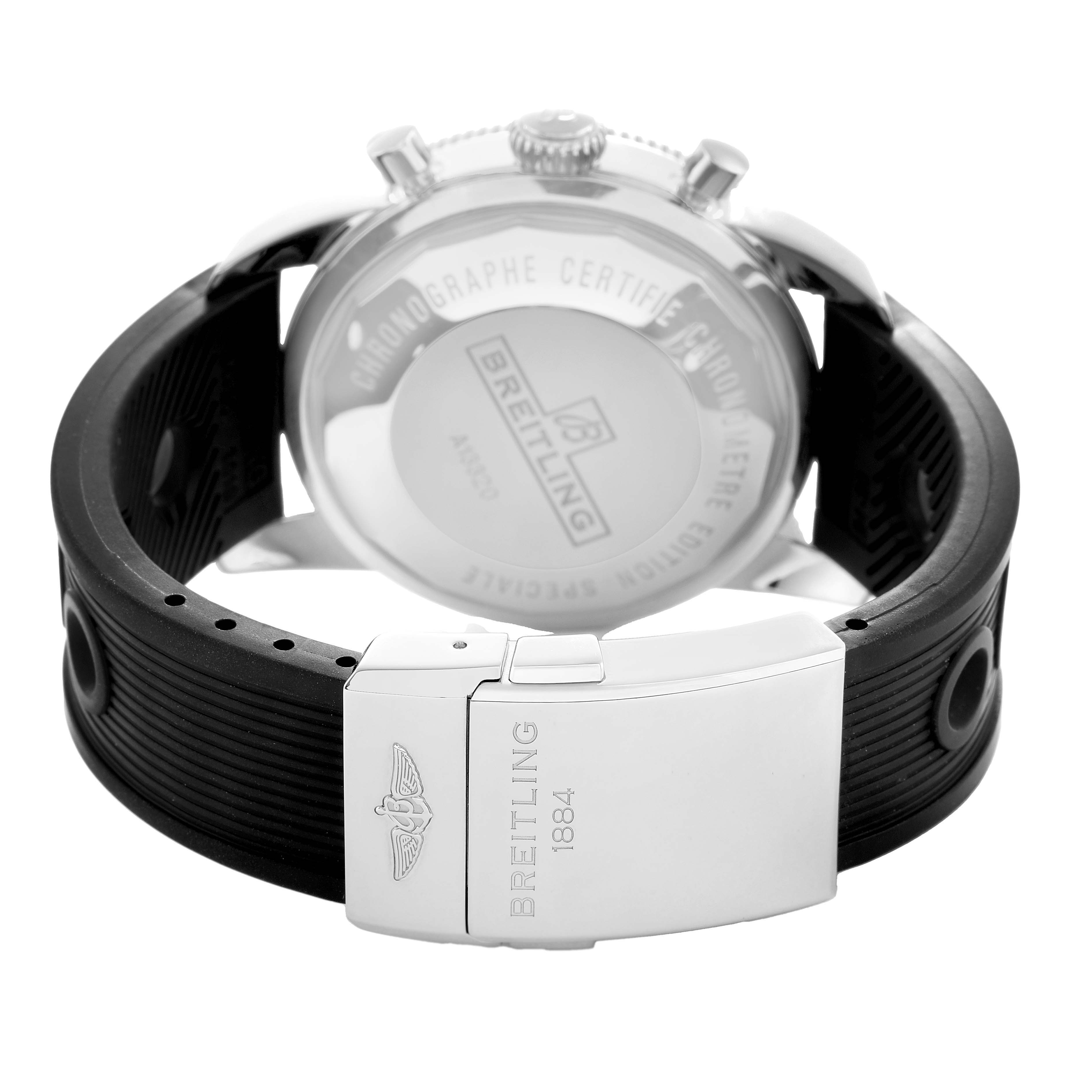 The image shows the back and clasp of the Breitling Superocean A13320 Men's Stainless Steel Silver Dial, highlighting the engraved case back and black strap.