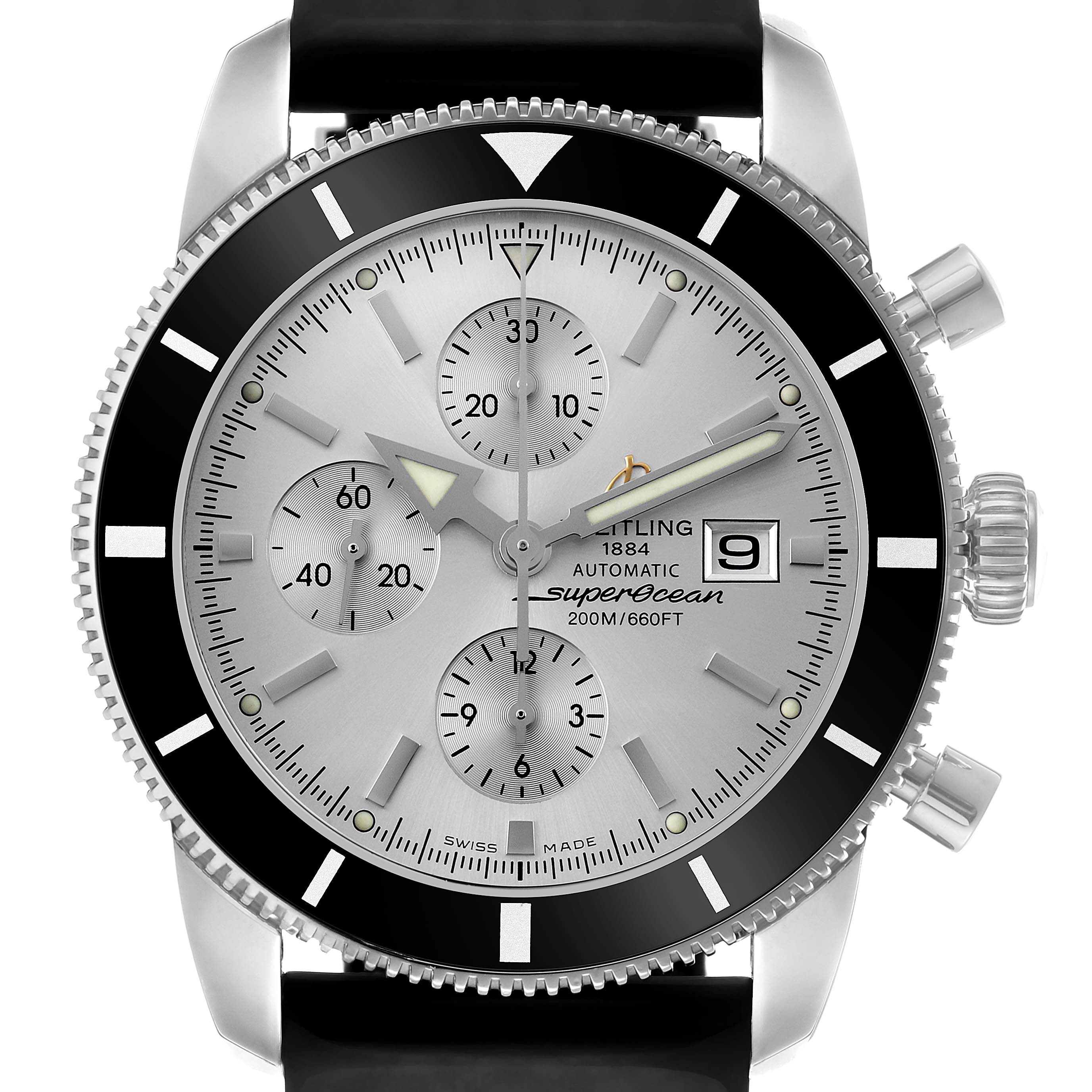 The Breitling Superocean A13320 Men's Stainless Steel Silver Dial watch is shown from the front, highlighting its dial, bezel, subdials, and crown.