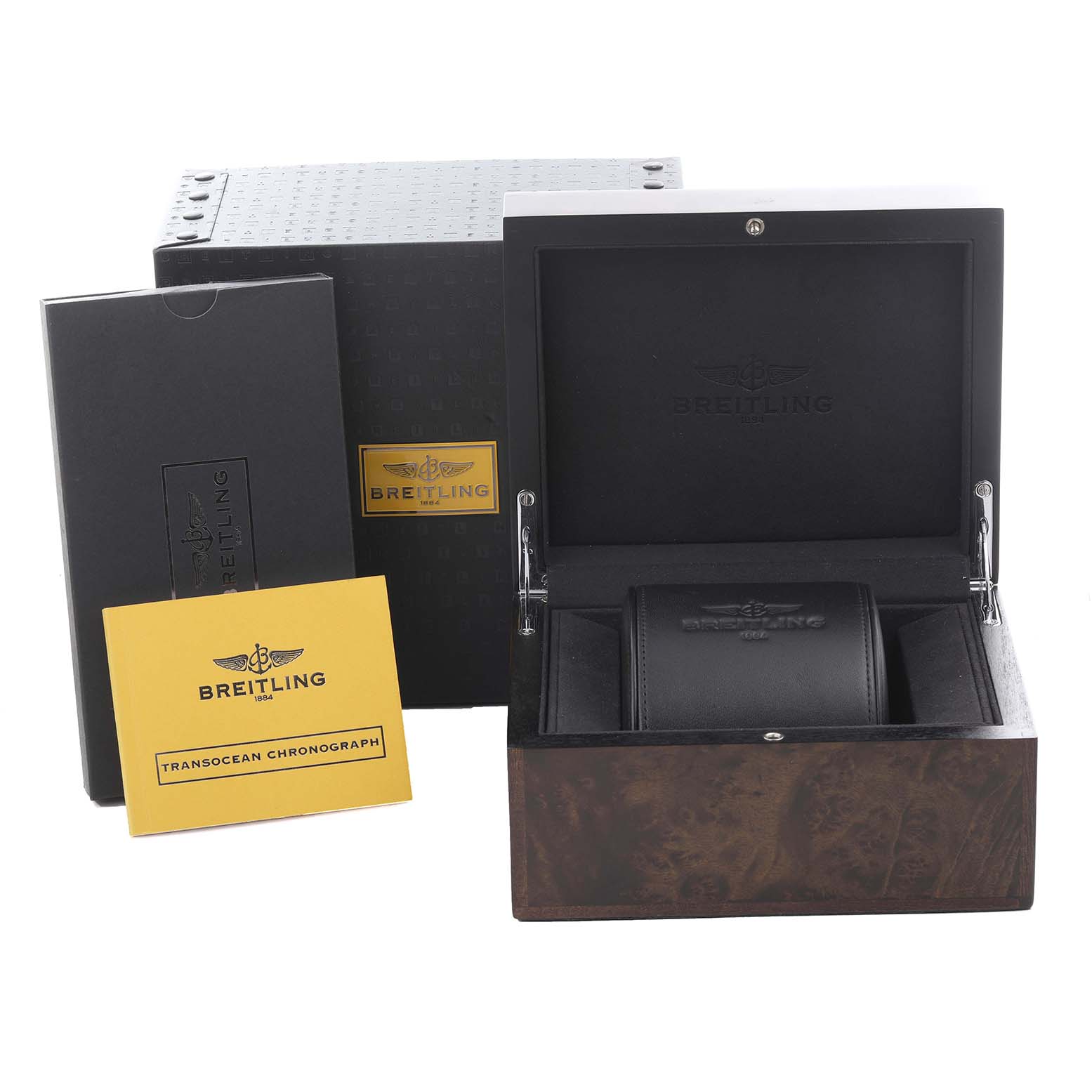 The image shows a Breitling Transocean RB0152 Men's Rose Gold Silver Dial RB0152 Men's Rose Gold Silver Dial watch box, booklet, and case from a front angle.