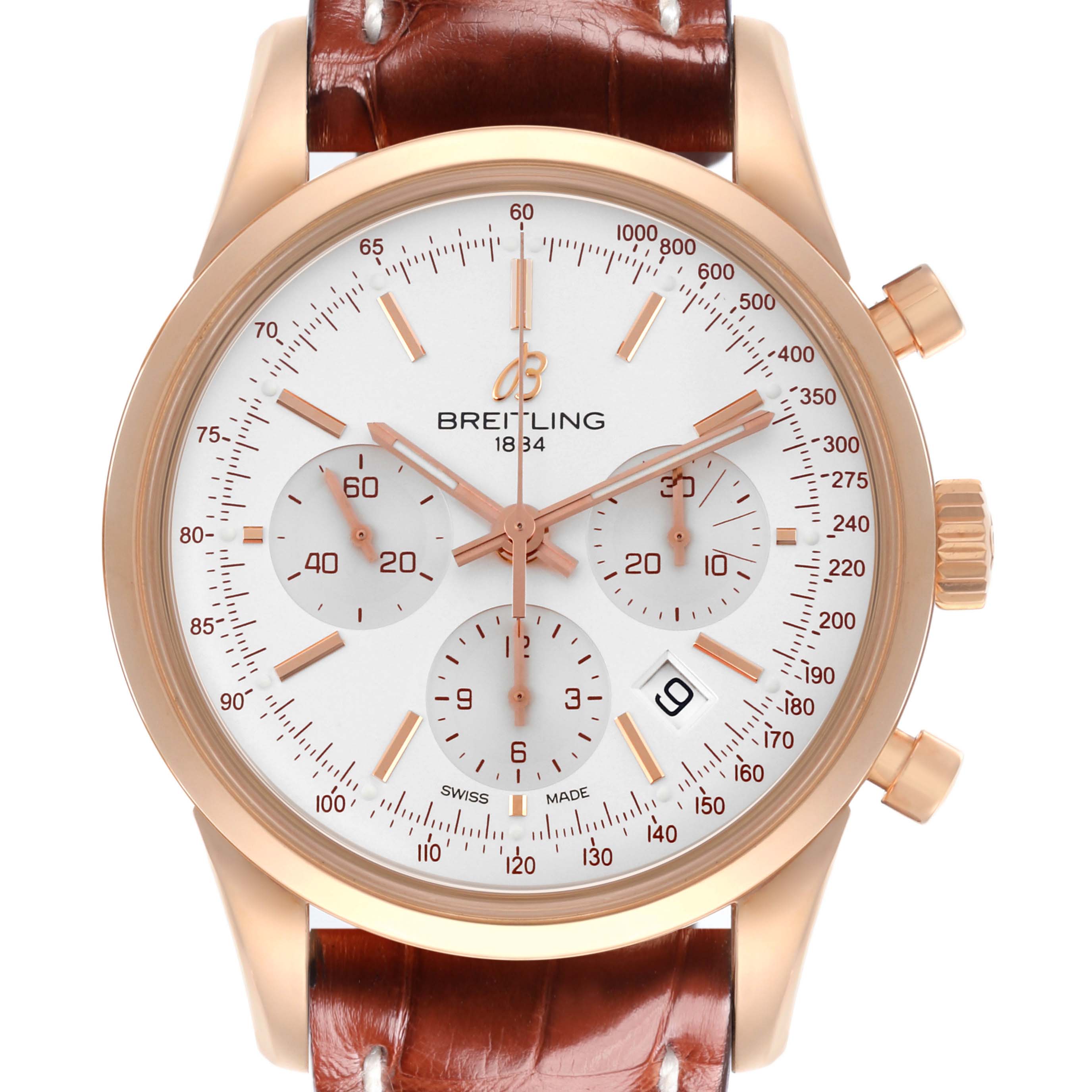 The Breitling Transocean RB0152 Men's Rose Gold Silver Dial RB0152 Men's Rose Gold Silver Dial watch is shown from the front, displaying the face, chronograph subdials, and brown leather strap.