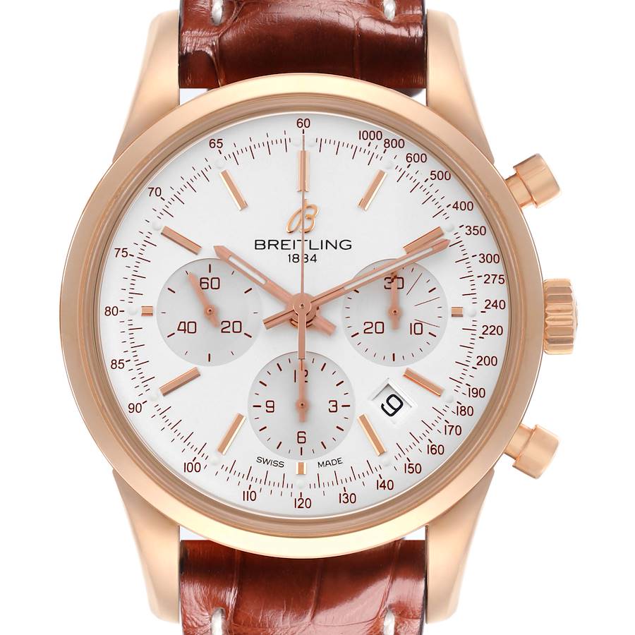 The Breitling Transocean watch is shown from the front, displaying the face, chronograph subdials, and brown leather strap.