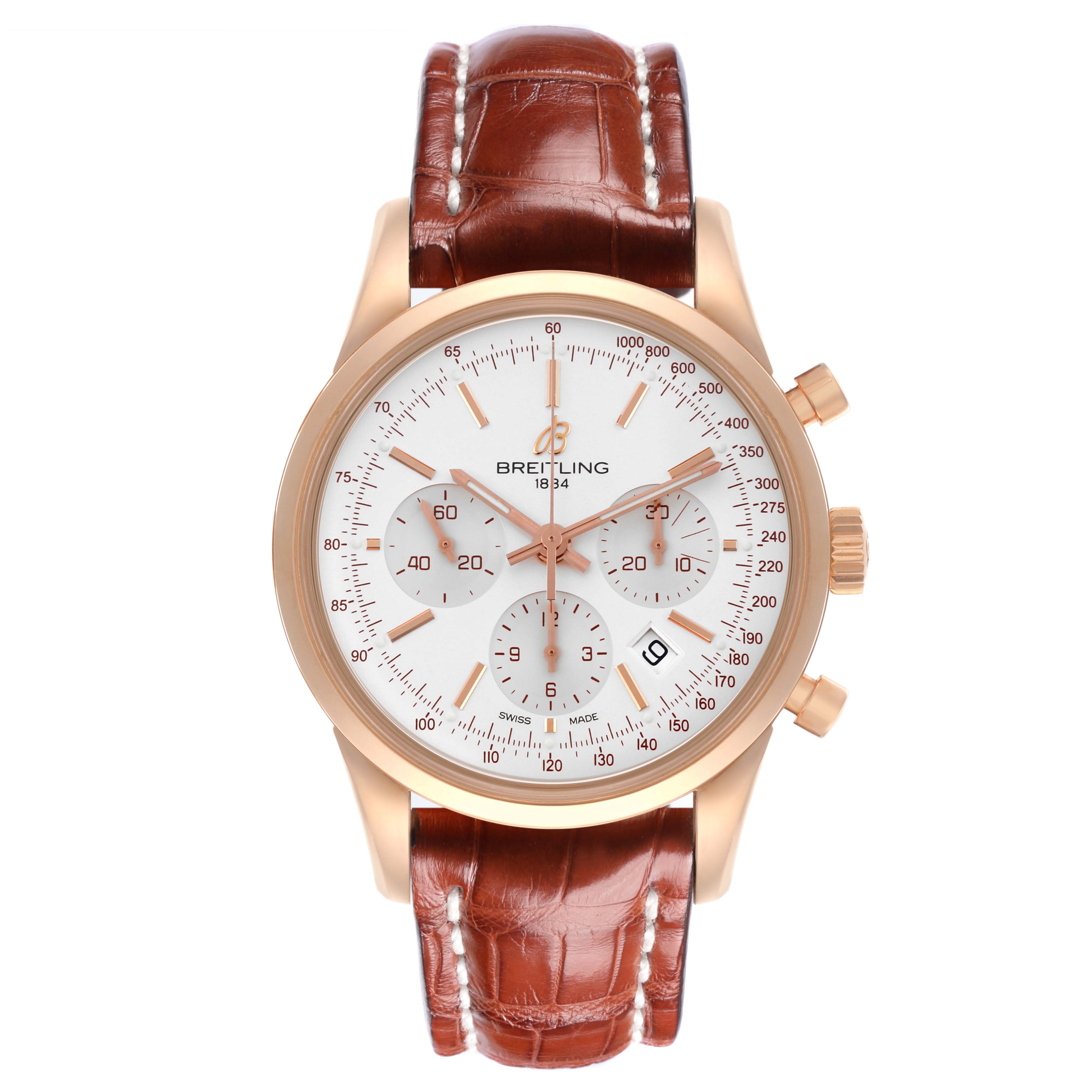 The Breitling Transocean RB0152 Men's Rose Gold Silver Dial RB0152 Men's Rose Gold Silver Dial watch is shown from the front, displaying the face, bezel, pushers, and brown leather strap.