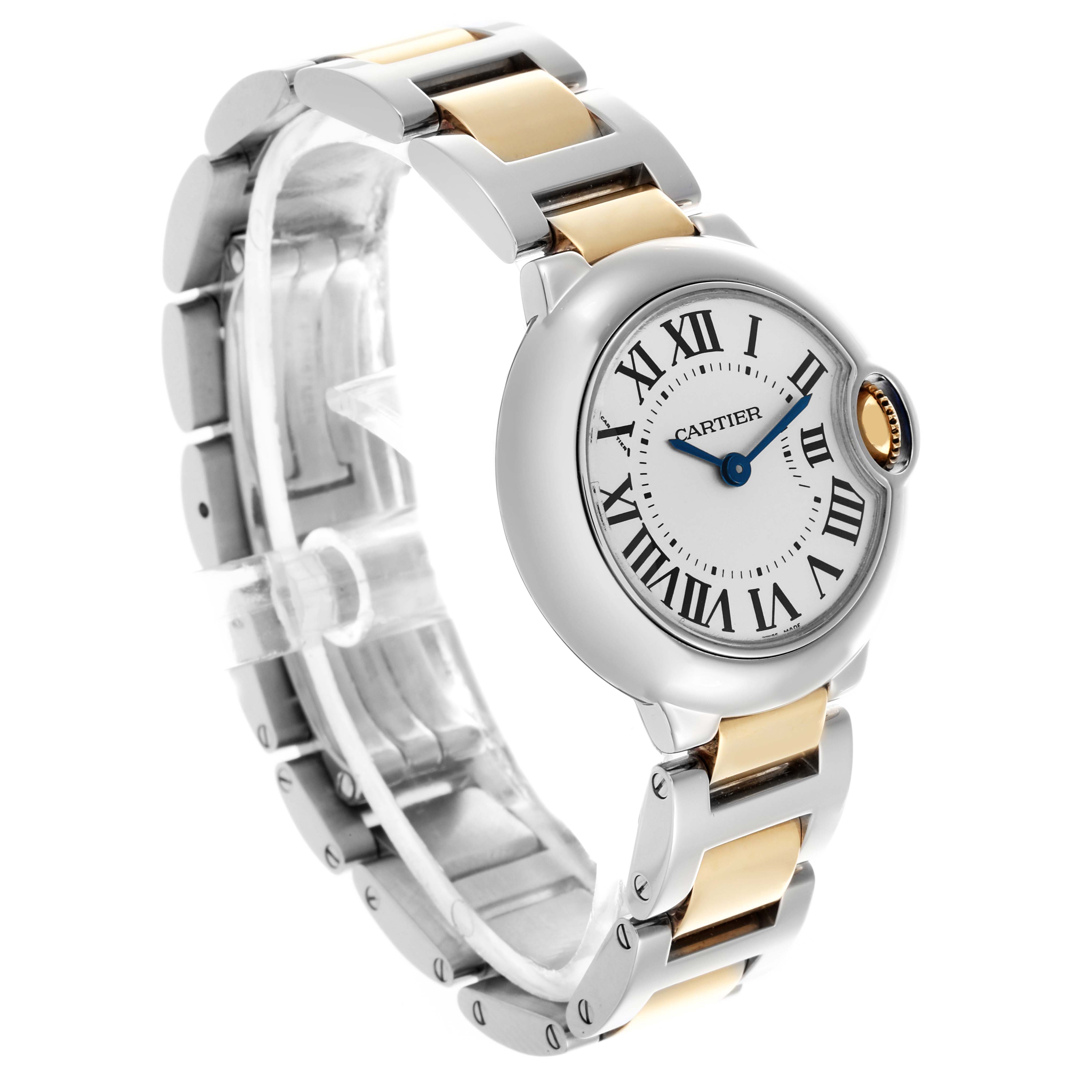The Cartier Ballon Bleu W69007Z3 Women
s Steel and Gold (two tone) Silver Dial W69007Z3 Women
s Steel and Gold (two tone) Silver Dial watch is shown at a slight angle, displaying the face, case, and two-tone bracelet clearly.