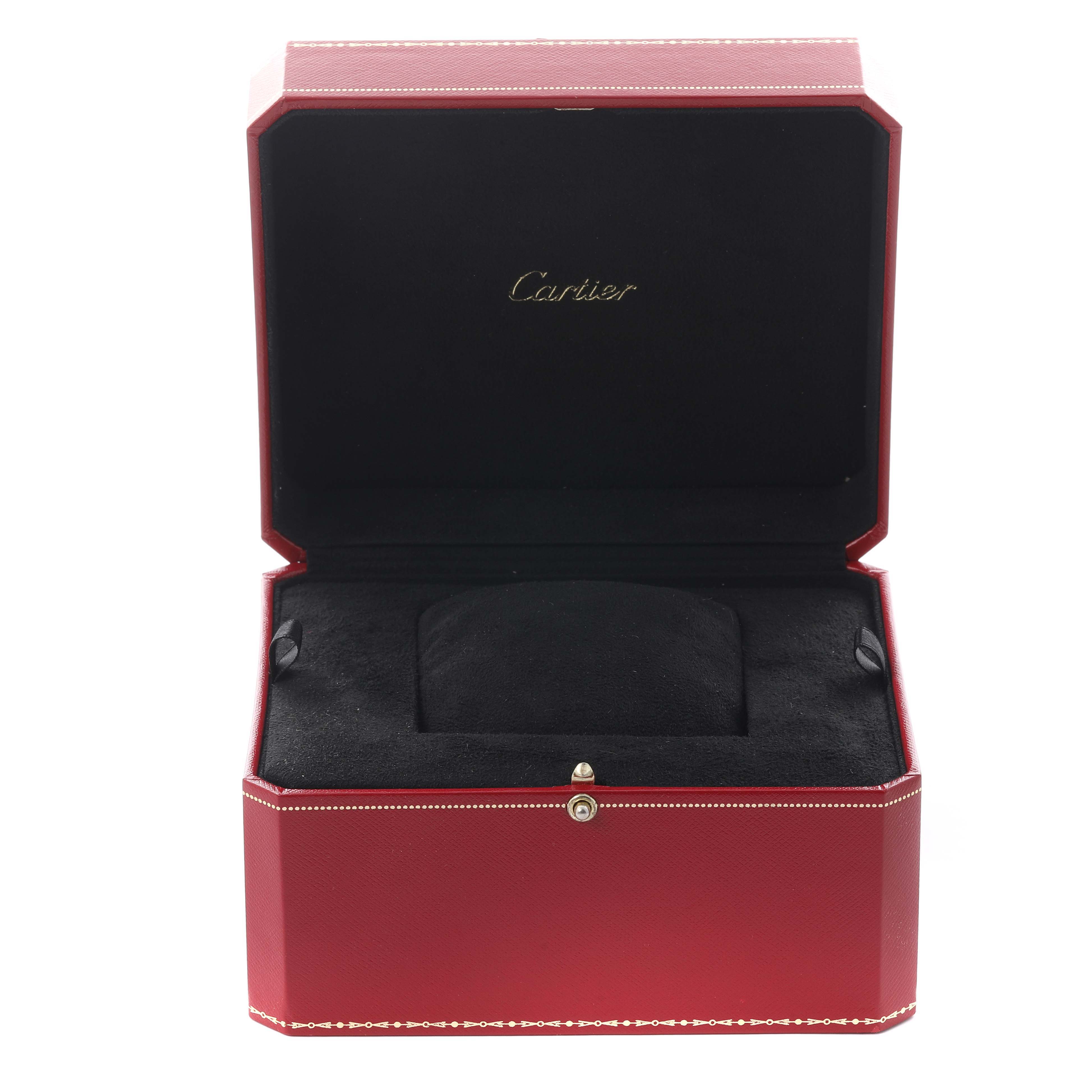 The image shows the open box for a Cartier Ballon Bleu W69007Z3 Women
s Steel and Gold (two tone) Silver Dial W69007Z3 Women
s Steel and Gold (two tone) Silver Dial, with the brand name visible inside the lid.