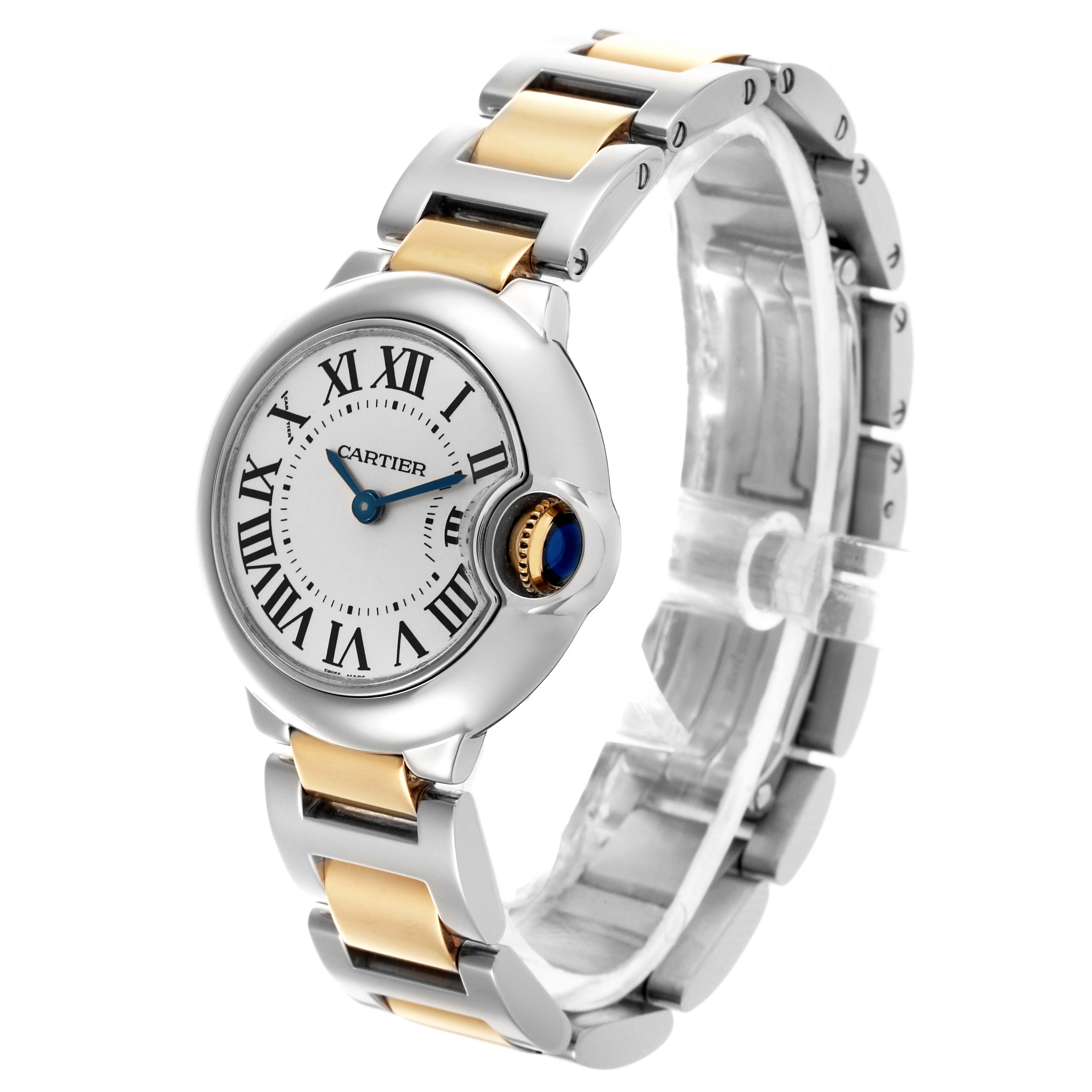 The Cartier Ballon Bleu W69007Z3 Women
s Steel and Gold (two tone) Silver Dial W69007Z3 Women
s Steel and Gold (two tone) Silver Dial watch is shown at an angled side view, displaying its dial, bracelet, and crown.