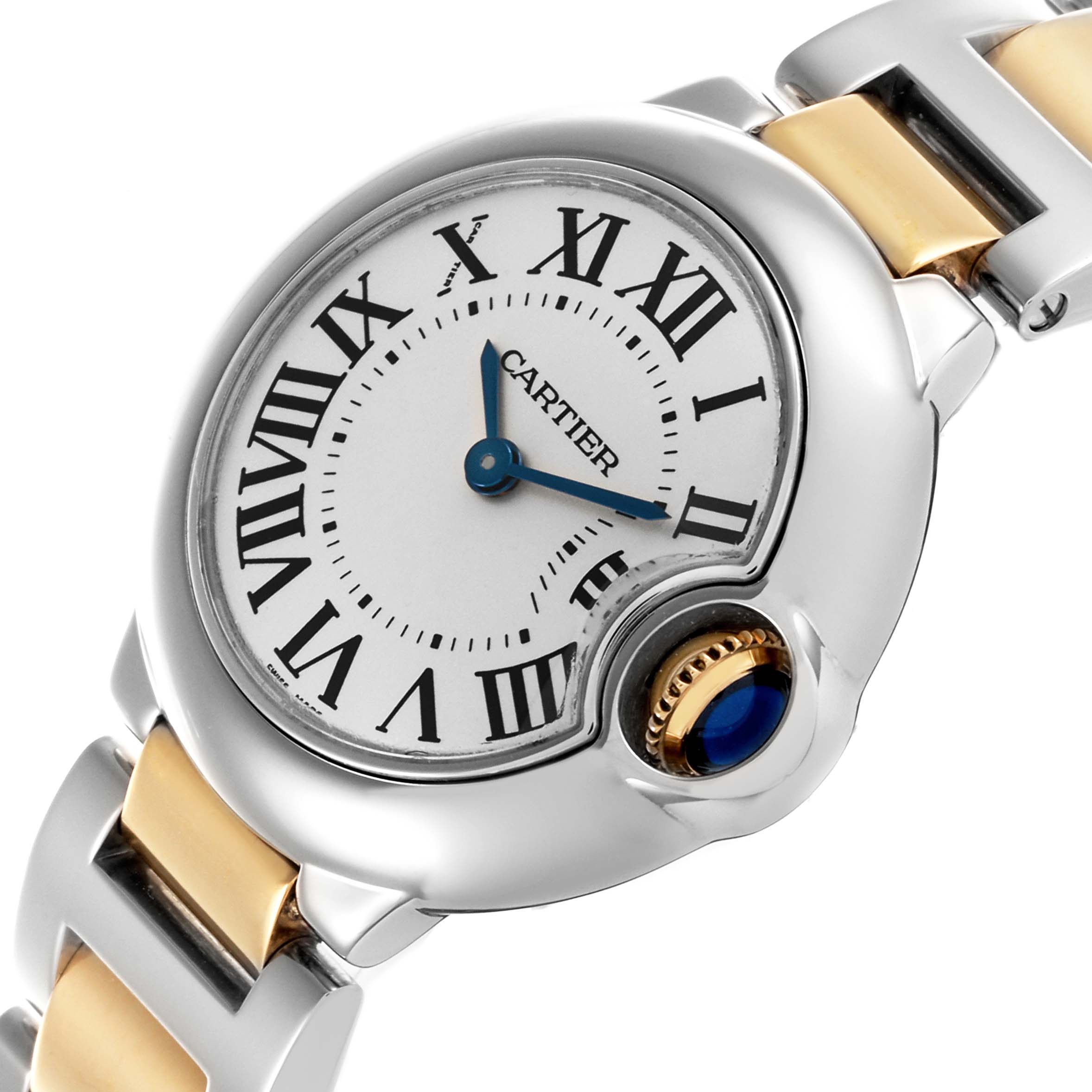 The Cartier Ballon Bleu W69007Z3 Women
s Steel and Gold (two tone) Silver Dial W69007Z3 Women
s Steel and Gold (two tone) Silver Dial watch is shown at a slight angle, highlighting the face, Roman numerals, crown, and part of the bracelet.