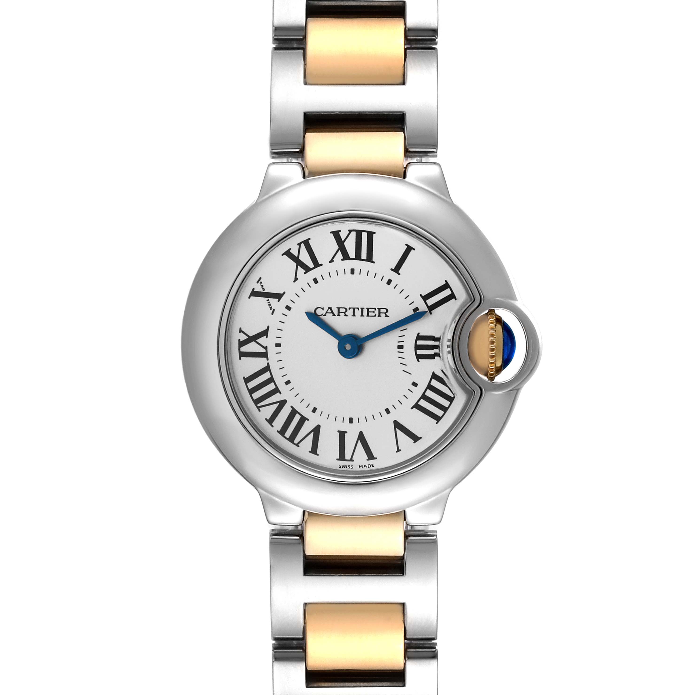 The Cartier Ballon Bleu W69007Z3 Women
s Steel and Gold (two tone) Silver Dial W69007Z3 Women
s Steel and Gold (two tone) Silver Dial watch shows a frontal view, highlighting its face and part of the bracelet.
