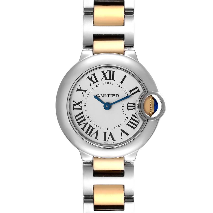 The Cartier Ballon Bleu watch shows a frontal view, highlighting its face and part of the bracelet.