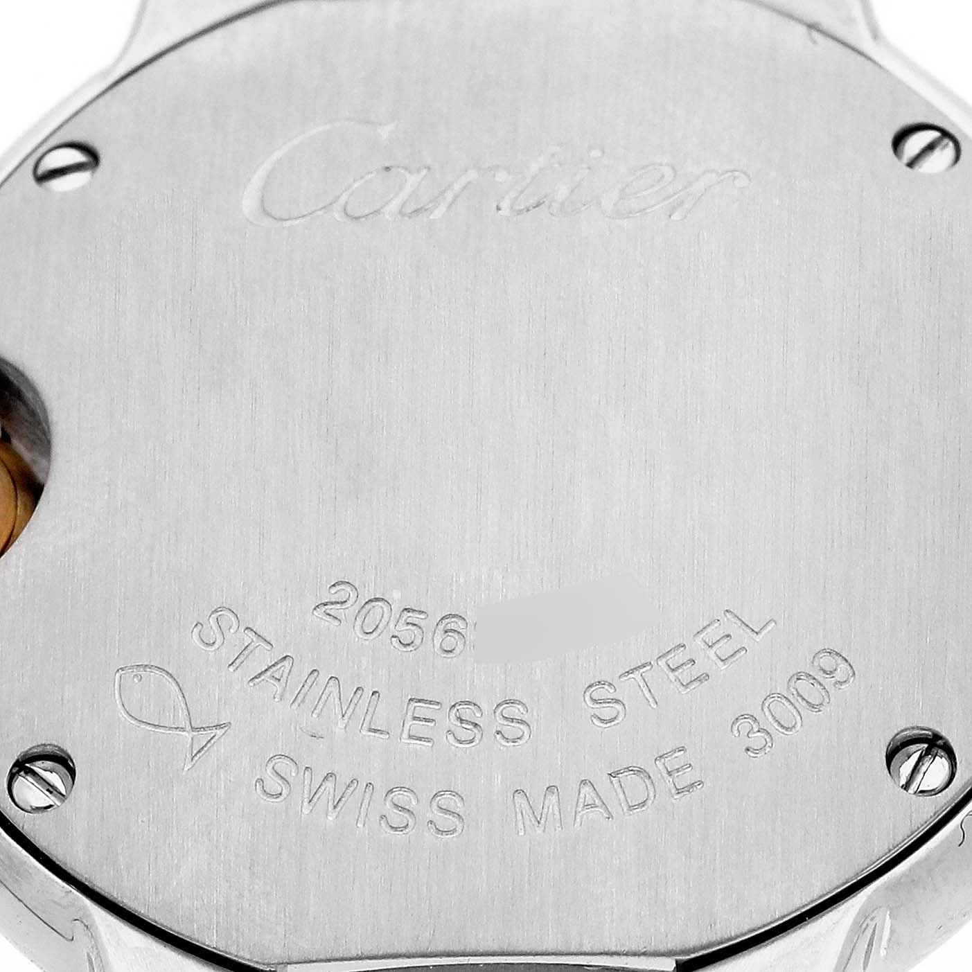 The image shows the back case of a Cartier Ballon Bleu W69007Z3 Women
s Steel and Gold (two tone) Silver Dial W69007Z3 Women
s Steel and Gold (two tone) Silver Dial watch, highlighting its engravings and stainless steel material.