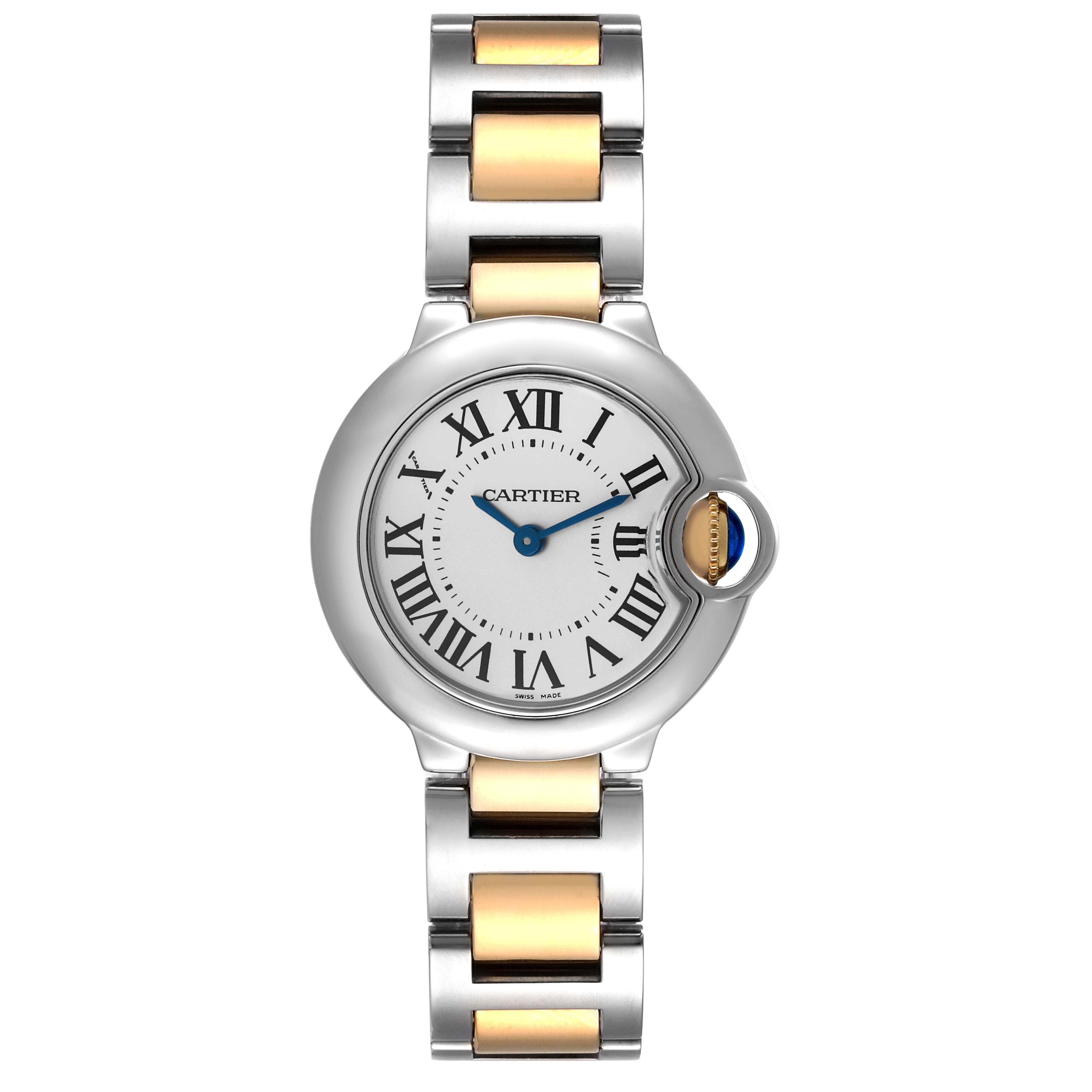 The Cartier Ballon Bleu W69007Z3 Women
s Steel and Gold (two tone) Silver Dial W69007Z3 Women
s Steel and Gold (two tone) Silver Dial watch is shown from the front, displaying the face, hands, and bracelet with a two-tone design.