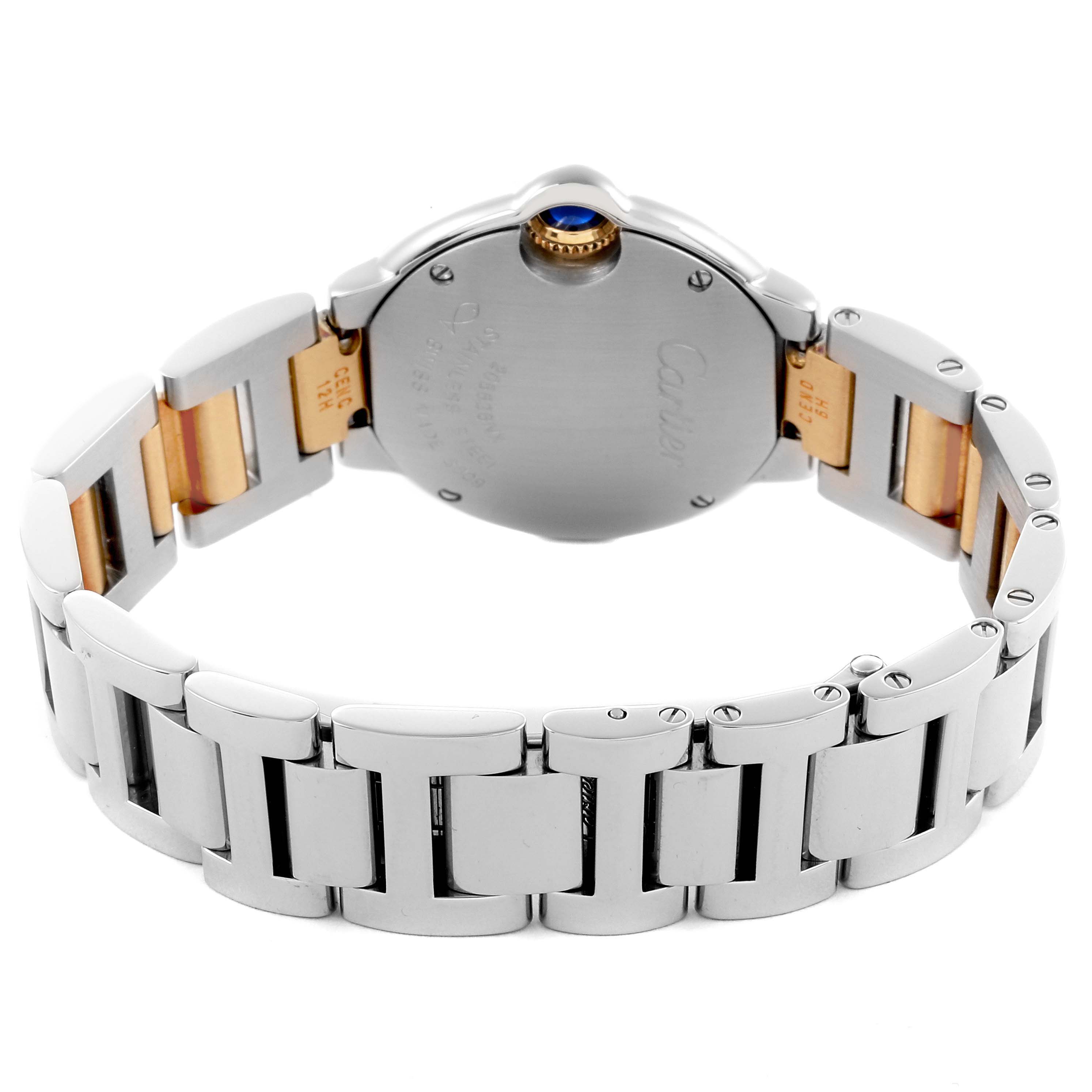 The image shows the back and bracelet of a Cartier Ballon Bleu W69007Z3 Women
s Steel and Gold (two tone) Silver Dial W69007Z3 Women
s Steel and Gold (two tone) Silver Dial watch at a 3/4 rear angle, highlighting the caseback and bracelet links.
