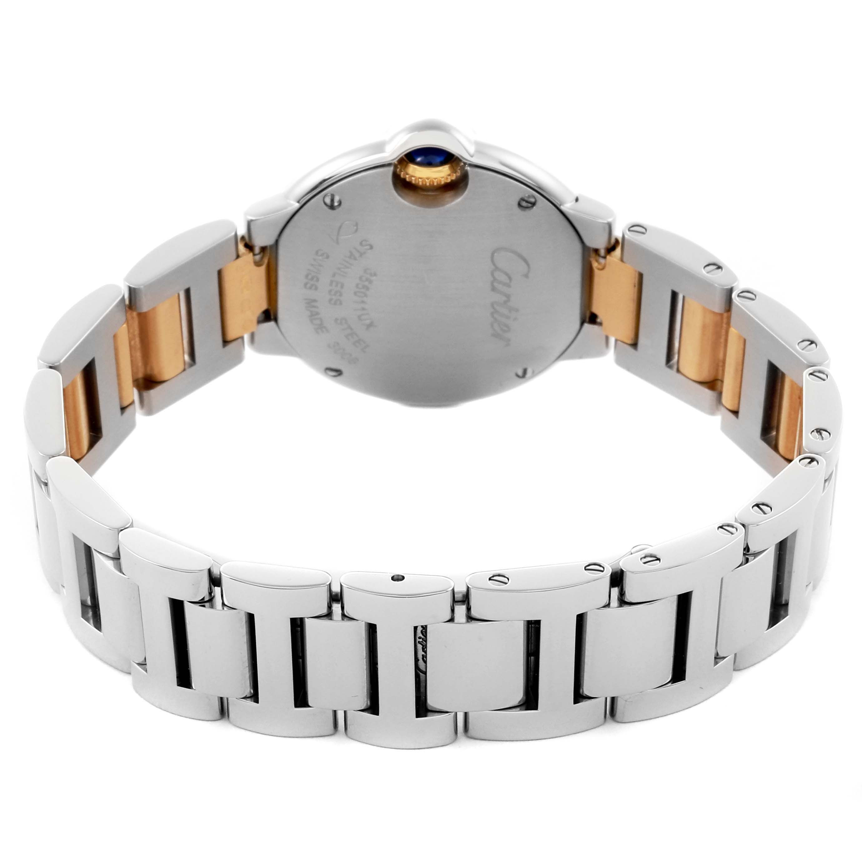 The image shows the back and bracelet of a Cartier Ballon Bleu W69007Z3 Women
s Steel and Gold (two tone) Silver Dial W69007Z3 Women
s Steel and Gold (two tone) Silver Dial watch, highlighting the case and two-tone metal links.