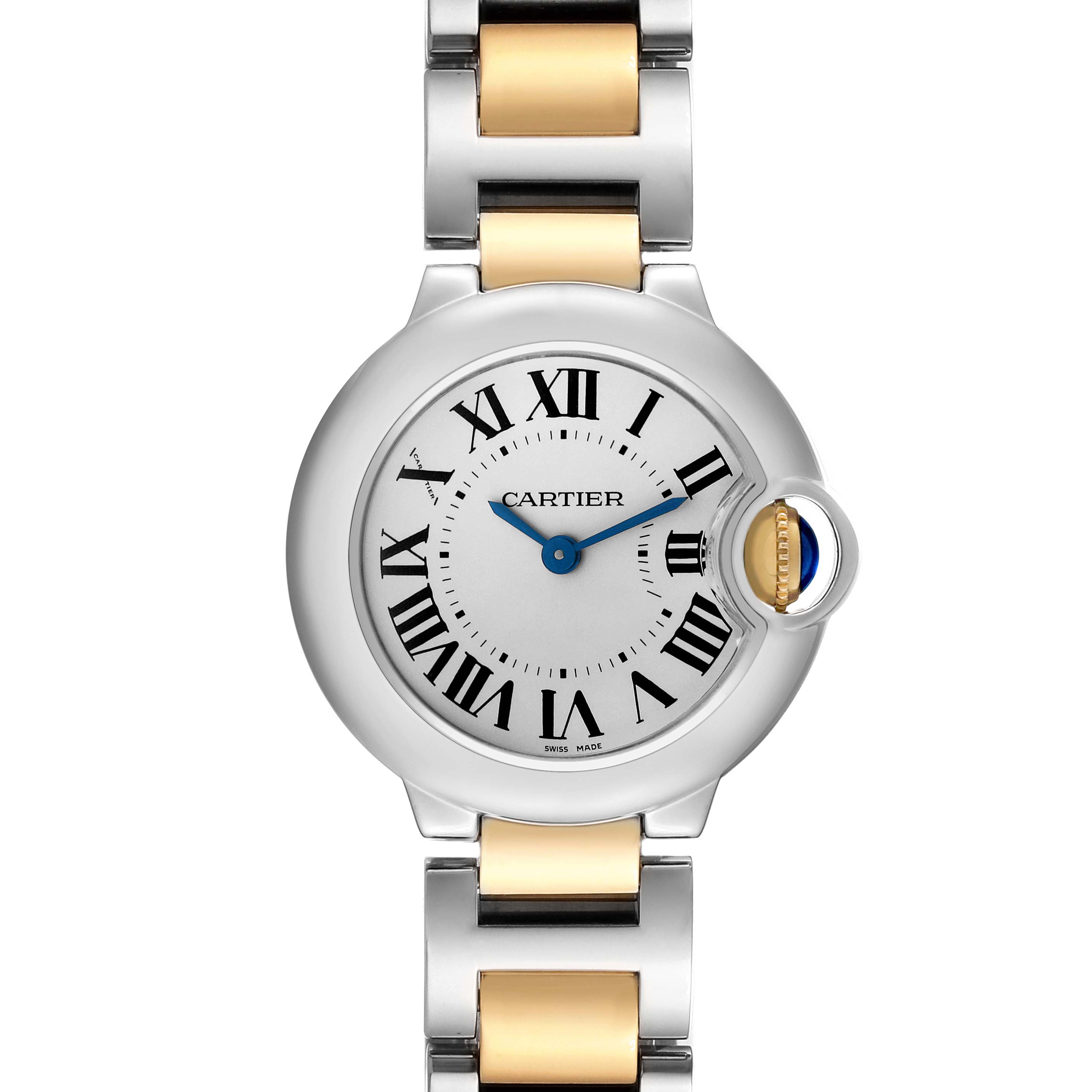 The Cartier Ballon Bleu W69007Z3 Women
s Steel and Gold (two tone) Silver Dial W69007Z3 Women
s Steel and Gold (two tone) Silver Dial watch is shown from the front, highlighting its face and metal bracelet.