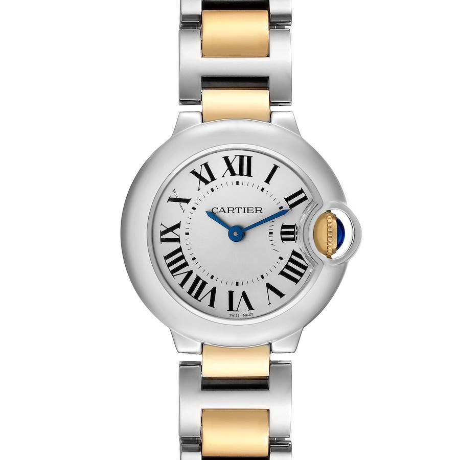 The Cartier Ballon Bleu watch is shown from the front, highlighting its face and metal bracelet.