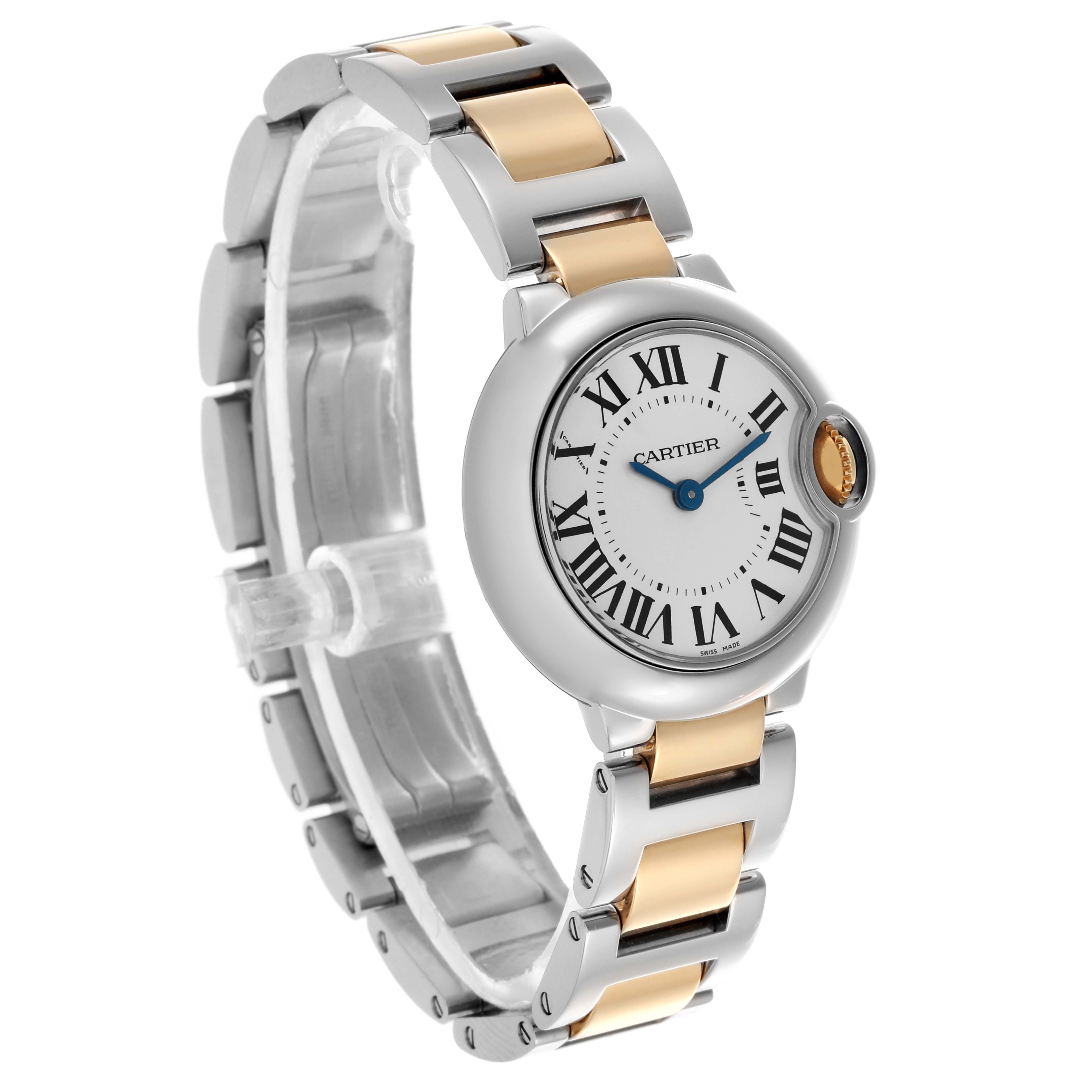 The Cartier Ballon Bleu W69007Z3 Women
s Steel and Gold (two tone) Silver Dial W69007Z3 Women
s Steel and Gold (two tone) Silver Dial watch is shown at a three-quarter angle, displaying its face and two-tone bracelet.