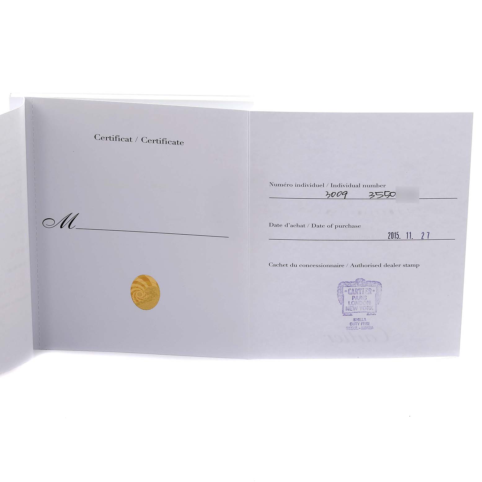 The image shows the certificate and purchase details for a Cartier Ballon Bleu W69007Z3 Women
s Steel and Gold (two tone) Silver Dial W69007Z3 Women
s Steel and Gold (two tone) Silver Dial watch.