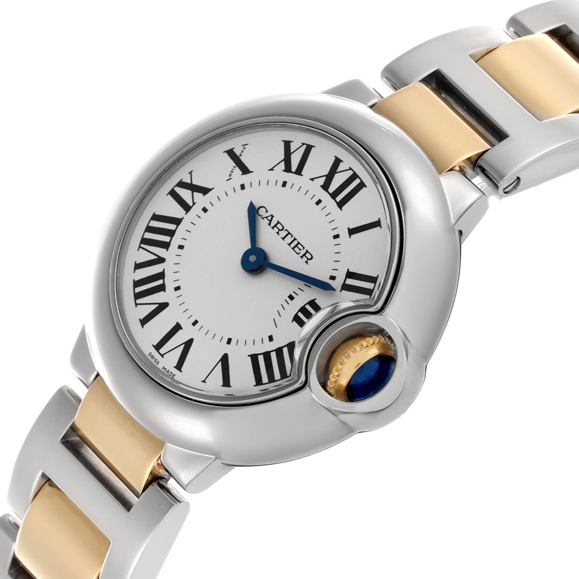 The Cartier Ballon Bleu W69007Z3 Women
s Steel and Gold (two tone) Silver Dial W69007Z3 Women
s Steel and Gold (two tone) Silver Dial watch is shown at an angled view, highlighting its face, Roman numerals, blue hands, and part of the band.