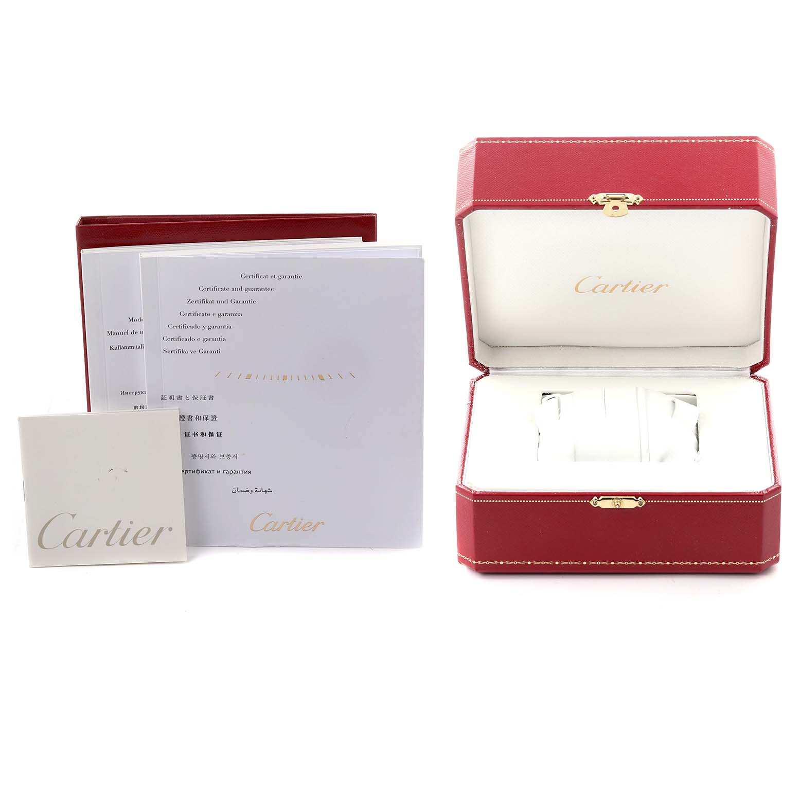 The image shows an open Cartier Ballon Bleu W69007Z3 Women
s Steel and Gold (two tone) Silver Dial W69007Z3 Women
s Steel and Gold (two tone) Silver Dial watch box with manuals and warranty papers alongside.