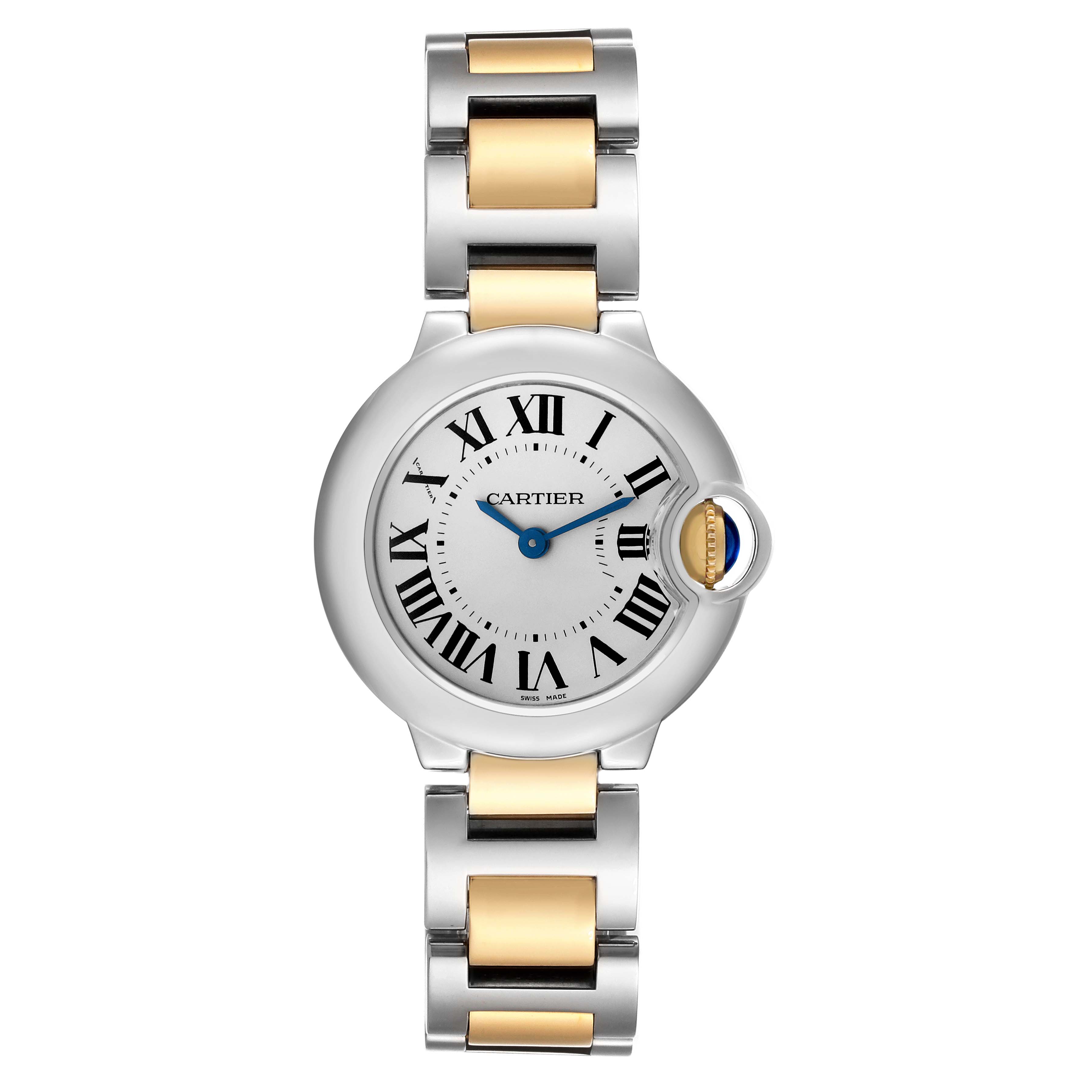 The Cartier Ballon Bleu W69007Z3 Women
s Steel and Gold (two tone) Silver Dial W69007Z3 Women
s Steel and Gold (two tone) Silver Dial watch is shown from the front, featuring the dial, roman numerals, and metal bracelet.