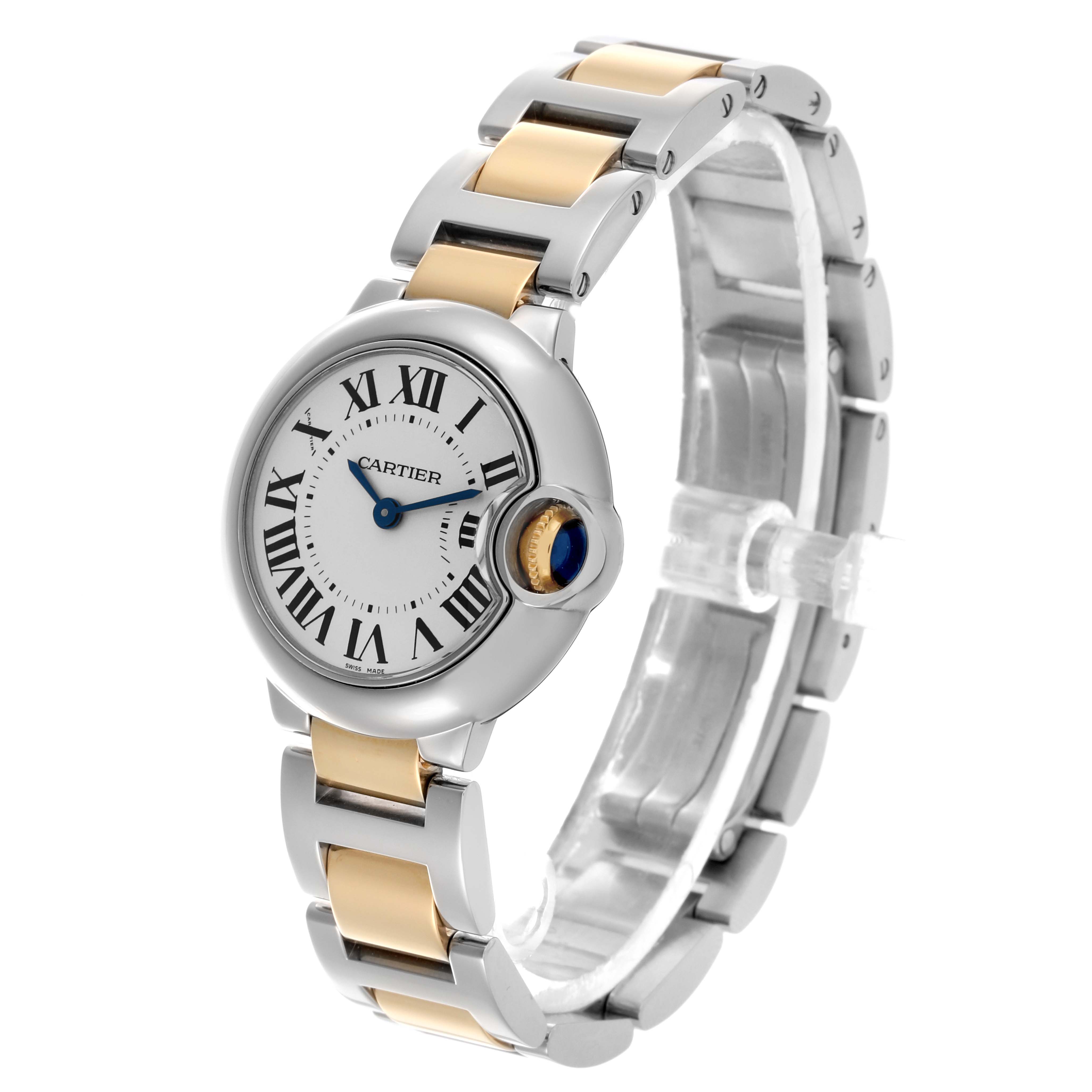 The Cartier Ballon Bleu W69007Z3 Women
s Steel and Gold (two tone) Silver Dial W69007Z3 Women
s Steel and Gold (two tone) Silver Dial watch is shown at a three-quarter angle, highlighting its face, crown, and two-tone metal bracelet.
