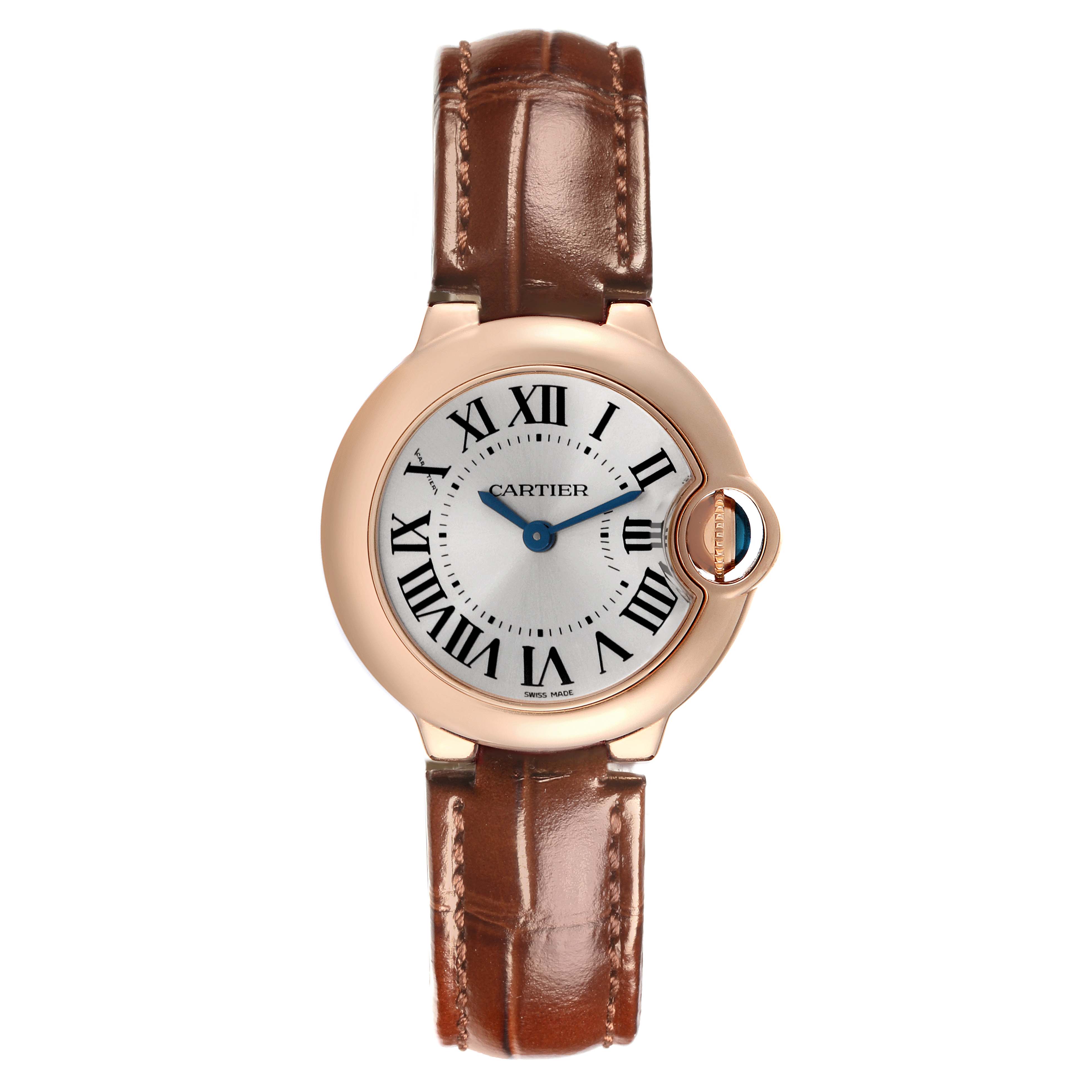 The Cartier Ballon Bleu W6900256 Women
s Rose Gold Silver Dial W6900256 Women
s Rose Gold Silver Dial watch is shown from the front, displaying the dial, case, and leather strap.