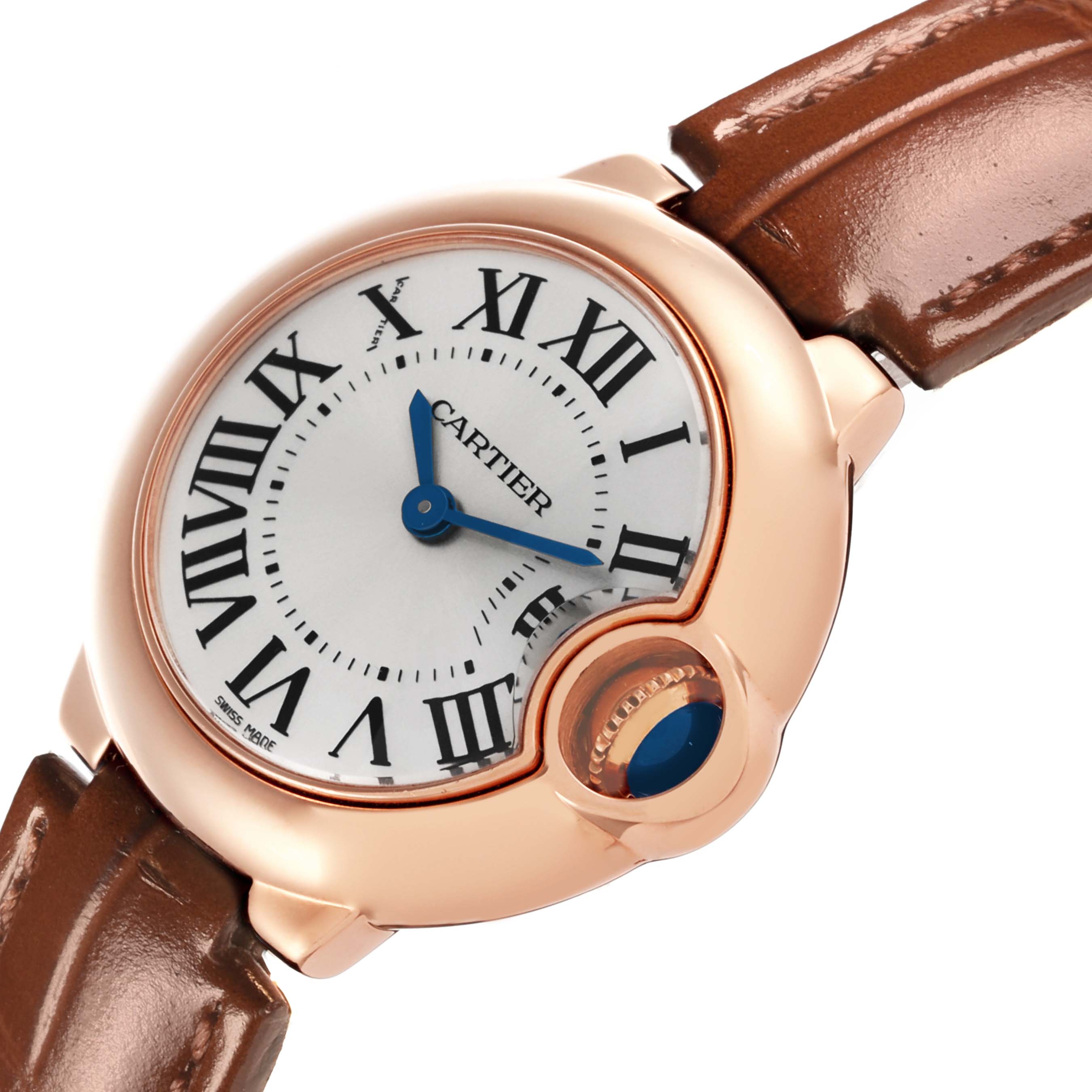 The Cartier Ballon Bleu W6900256 Women
s Rose Gold Silver Dial W6900256 Women
s Rose Gold Silver Dial watch is shown at an angled view, displaying the face, crown, and part of the leather strap.