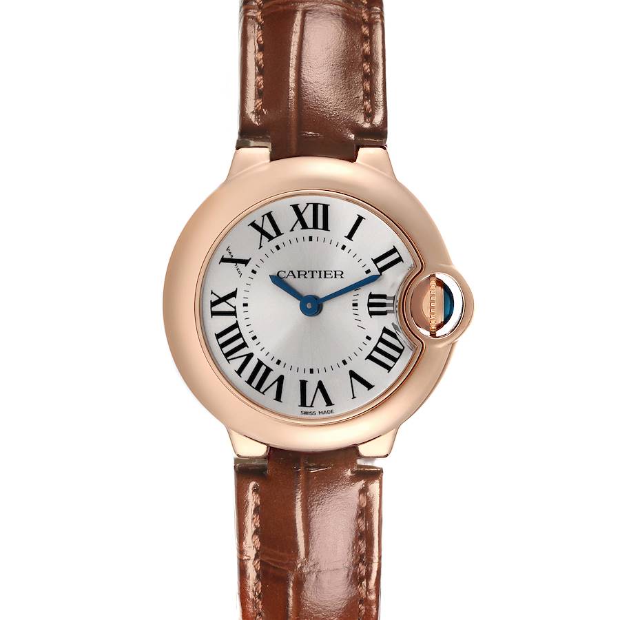 The image shows a front view of a Cartier Ballon Bleu watch, highlighting the dial, bezel, and brown leather strap.