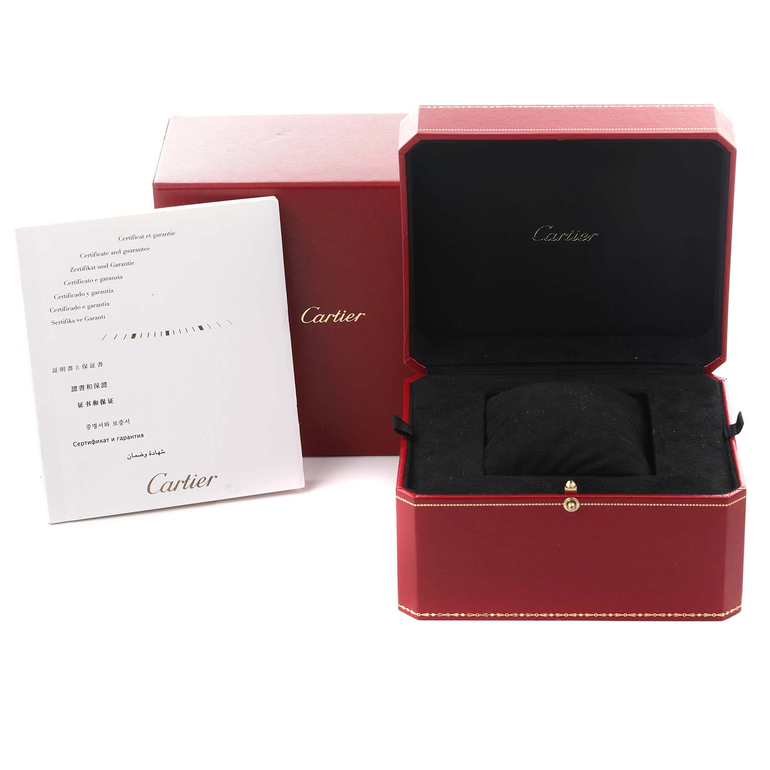 The image shows a Cartier Ballon Bleu W6900256 Women
s Rose Gold Silver Dial W6900256 Women
s Rose Gold Silver Dial watch box and accompanying warranty booklet from a front angle.