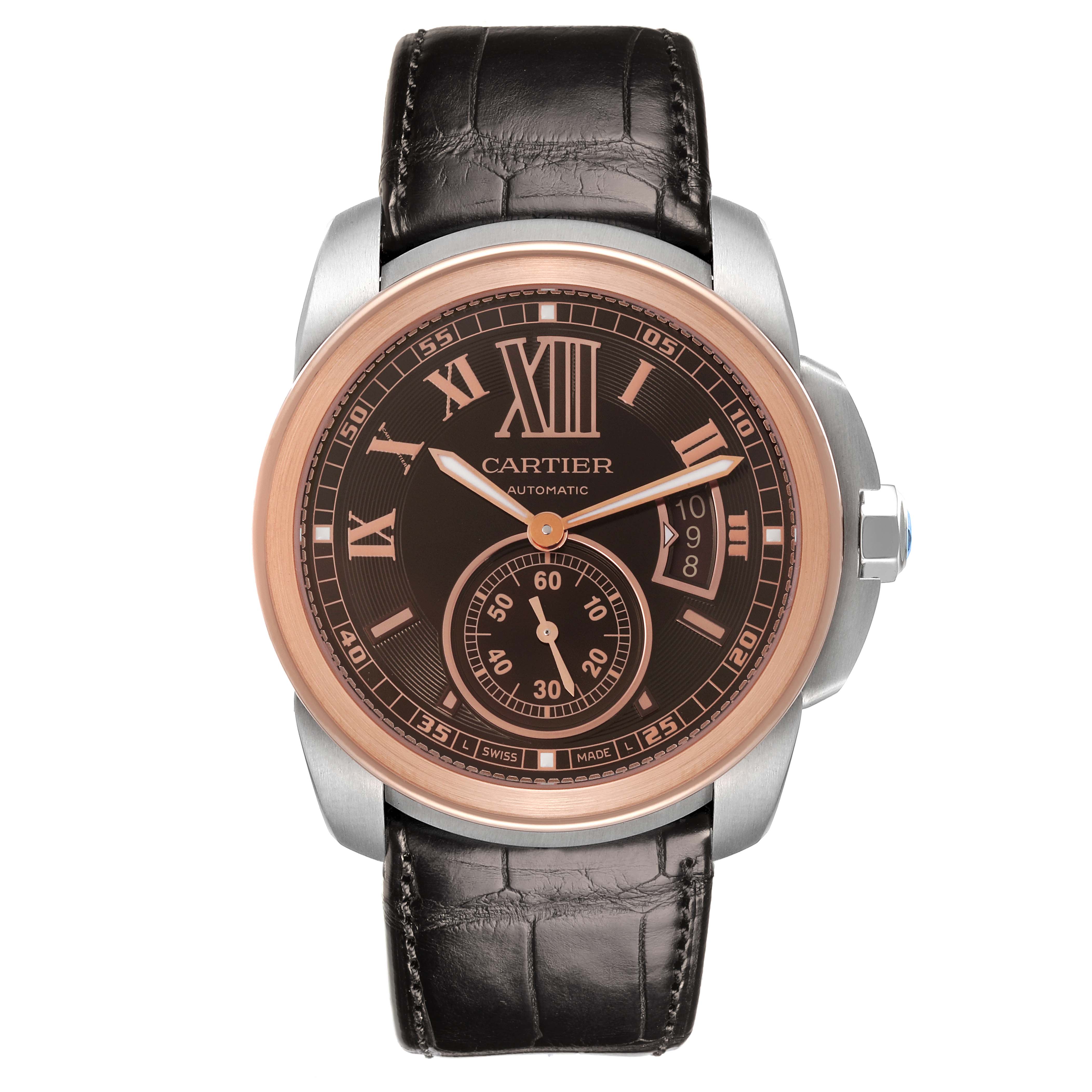 The Calibre de Cartier watch is shown from the front, displaying the face, bezel, strap, and crown.