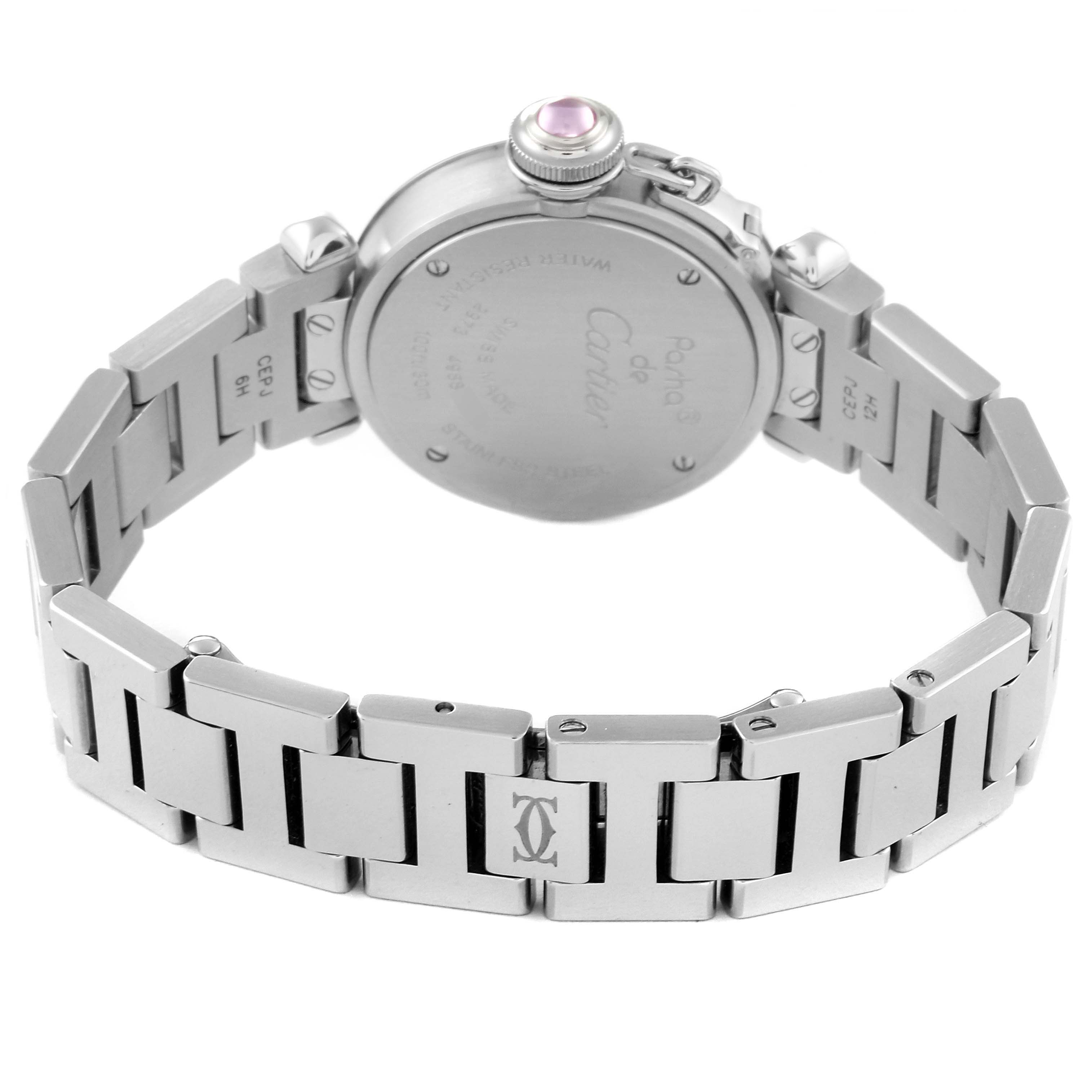This image shows the back and bracelet of a Cartier Pasha W3140008 Women's Stainless Steel Pink Dial W3140008 Women's Stainless Steel Pink Dial watch from an angled rear viewpoint.