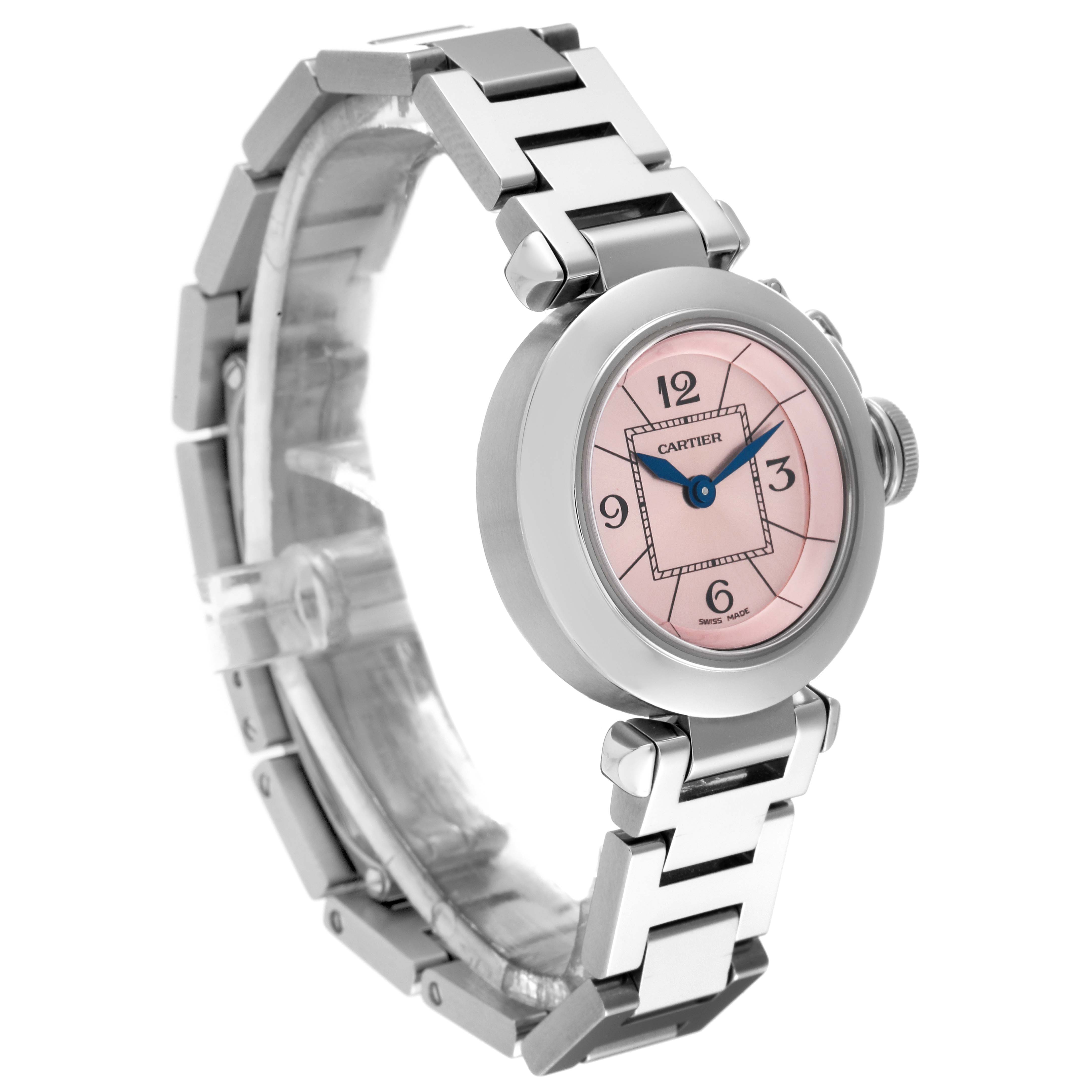 This image shows a side angle of a Cartier Pasha W3140008 Women's Stainless Steel Pink Dial W3140008 Women's Stainless Steel Pink Dial watch, featuring its pink dial, blue hands, and stainless steel bracelet.