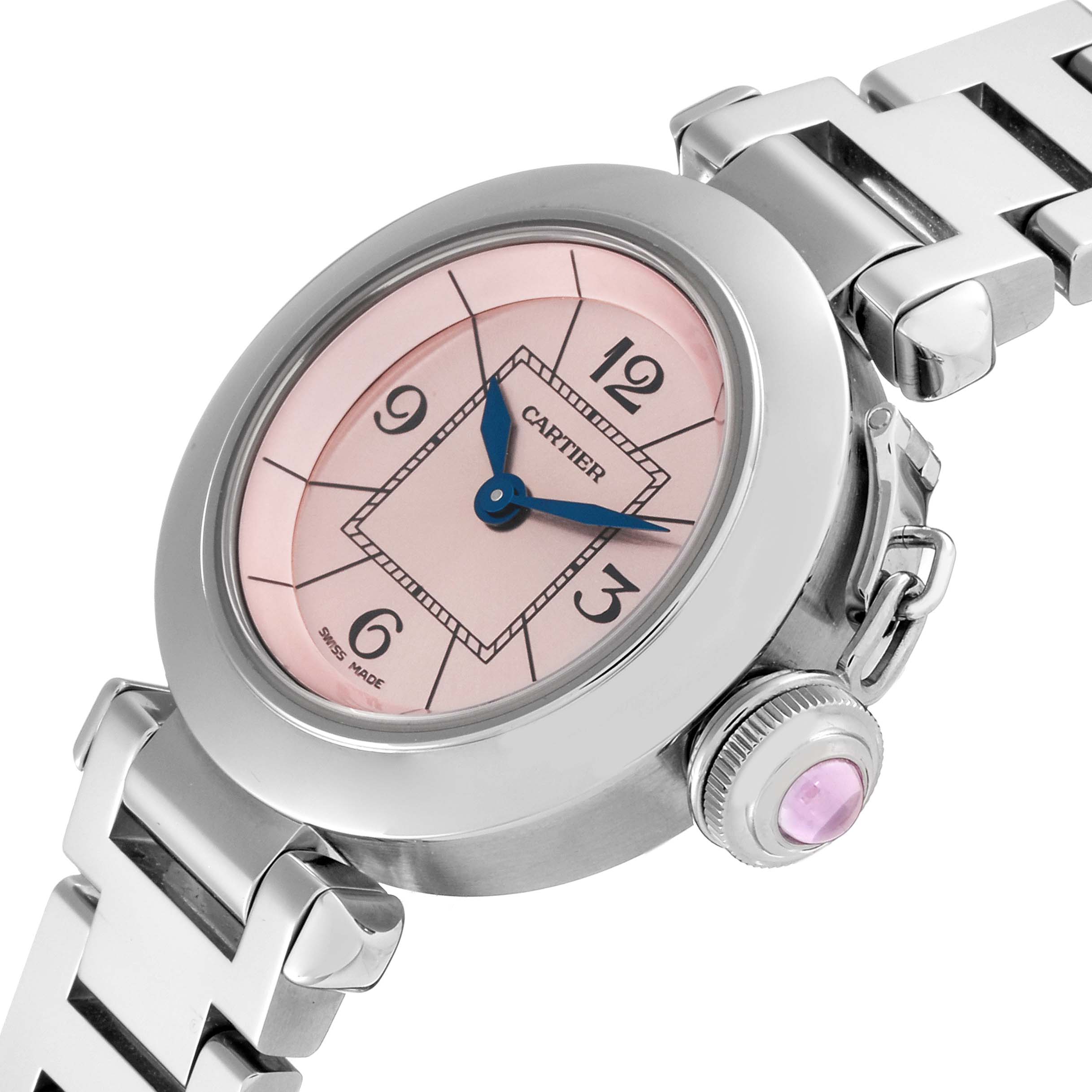 The image shows a close-up of the Cartier Pasha W3140008 Women's Stainless Steel Pink Dial W3140008 Women's Stainless Steel Pink Dial watch facing slightly right, highlighting its dial, case, and partial bracelet.