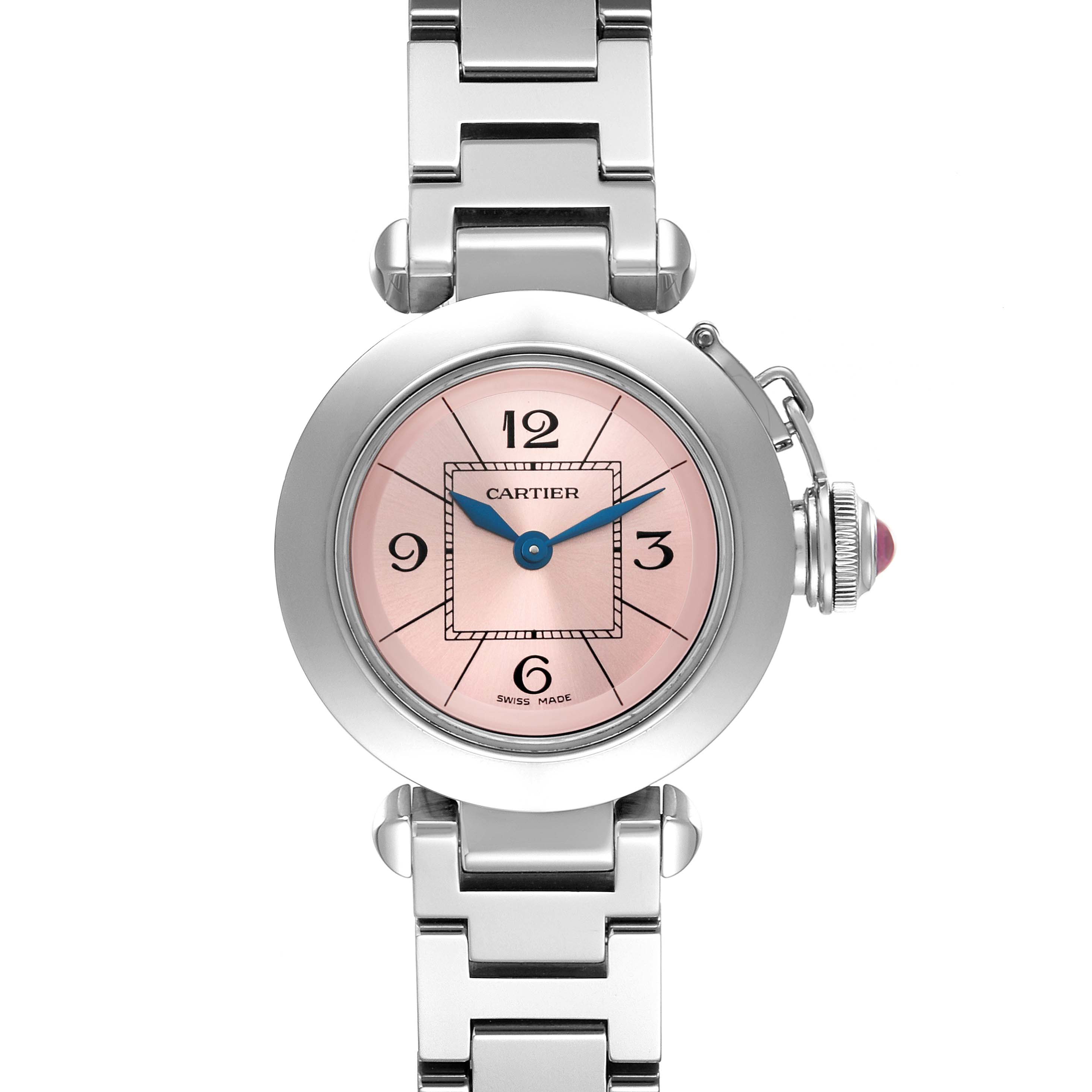 This image shows a Cartier Pasha W3140008 Women's Stainless Steel Pink Dial W3140008 Women's Stainless Steel Pink Dial model watch front-on, highlighting the watch face, bracelet, and crown with a pink gemstone.