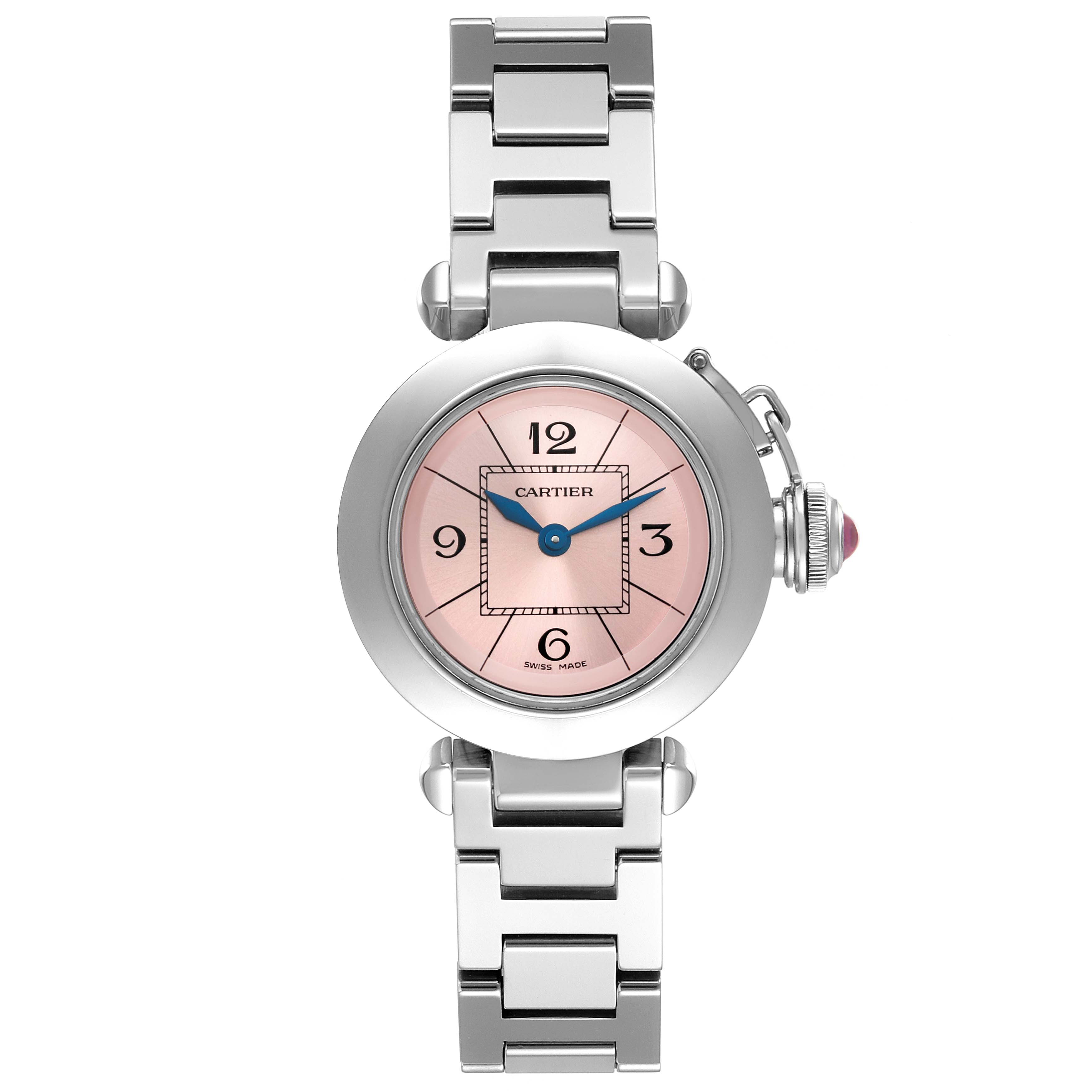 This image shows a front view of the Cartier Pasha W3140008 Women's Stainless Steel Pink Dial W3140008 Women's Stainless Steel Pink Dial watch, featuring its dial, bracelet, and crown.