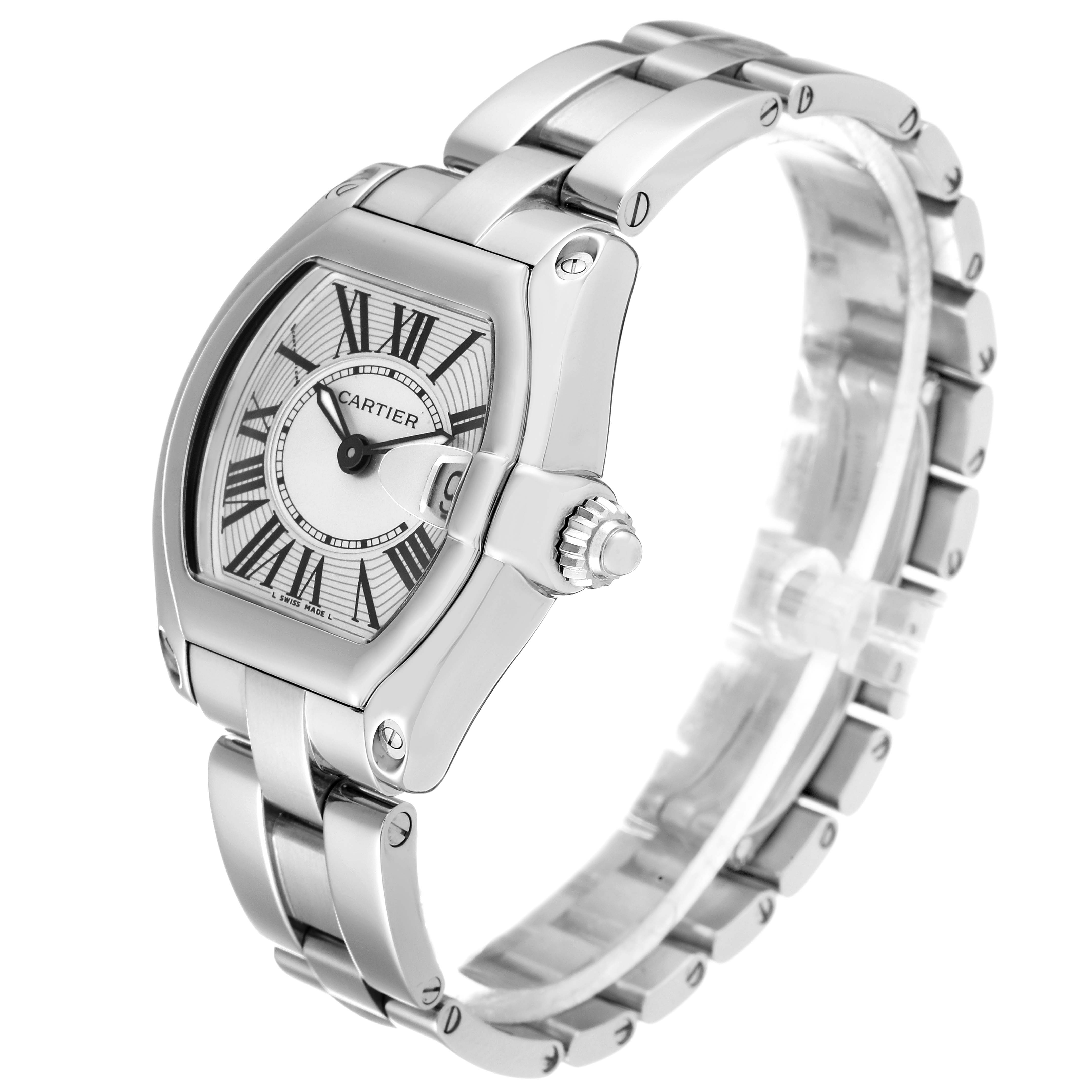 The Cartier Roadster W62016V3 Women
s Stainless Steel Silver Dial W62016V3 Women
s Stainless Steel Silver Dial watch is shown at a three-quarter angle, displaying its face, crown, and bracelet.