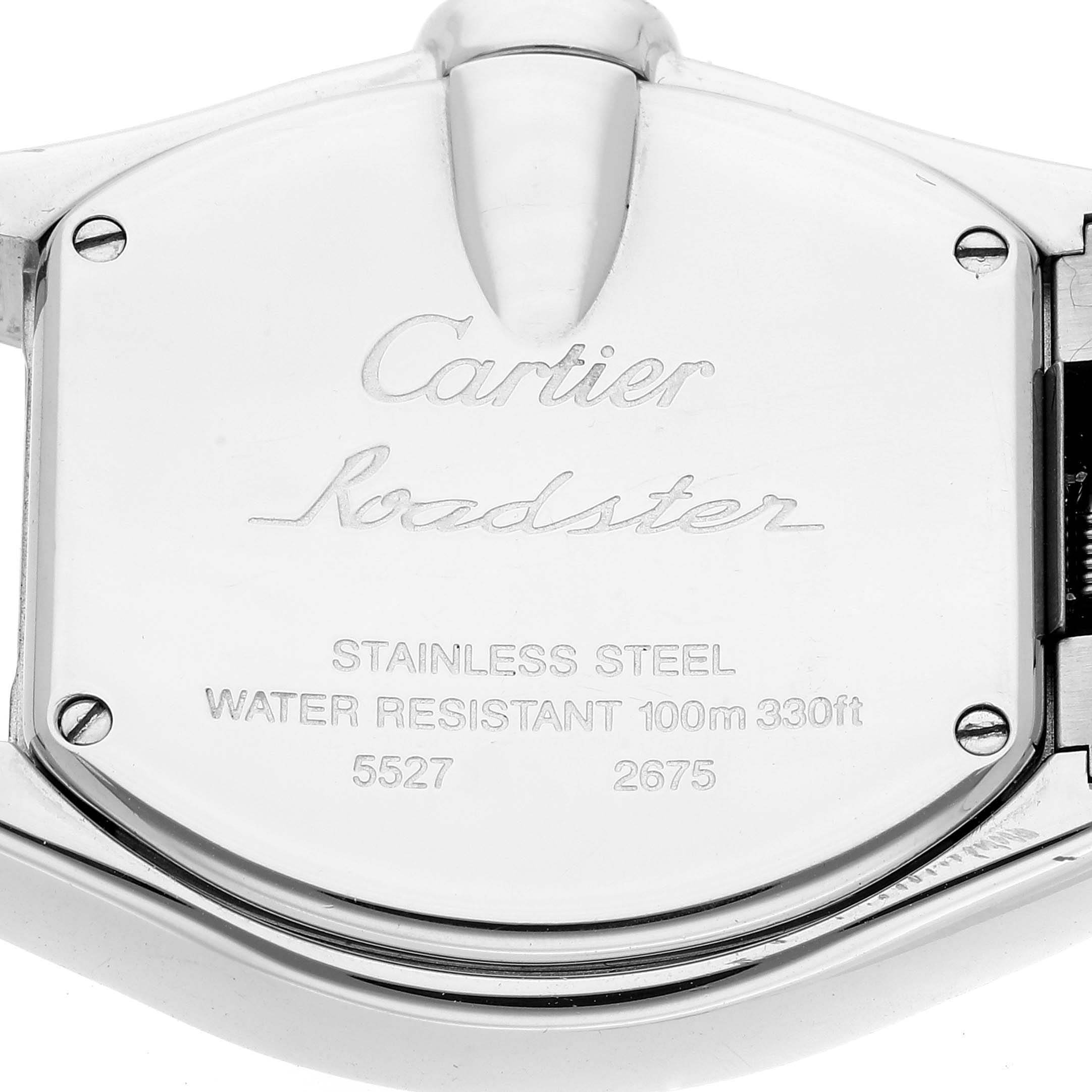 The image shows the back case of a Cartier Roadster W62016V3 Women
s Stainless Steel Silver Dial W62016V3 Women
s Stainless Steel Silver Dial watch, highlighting its stainless steel construction and water resistance details.