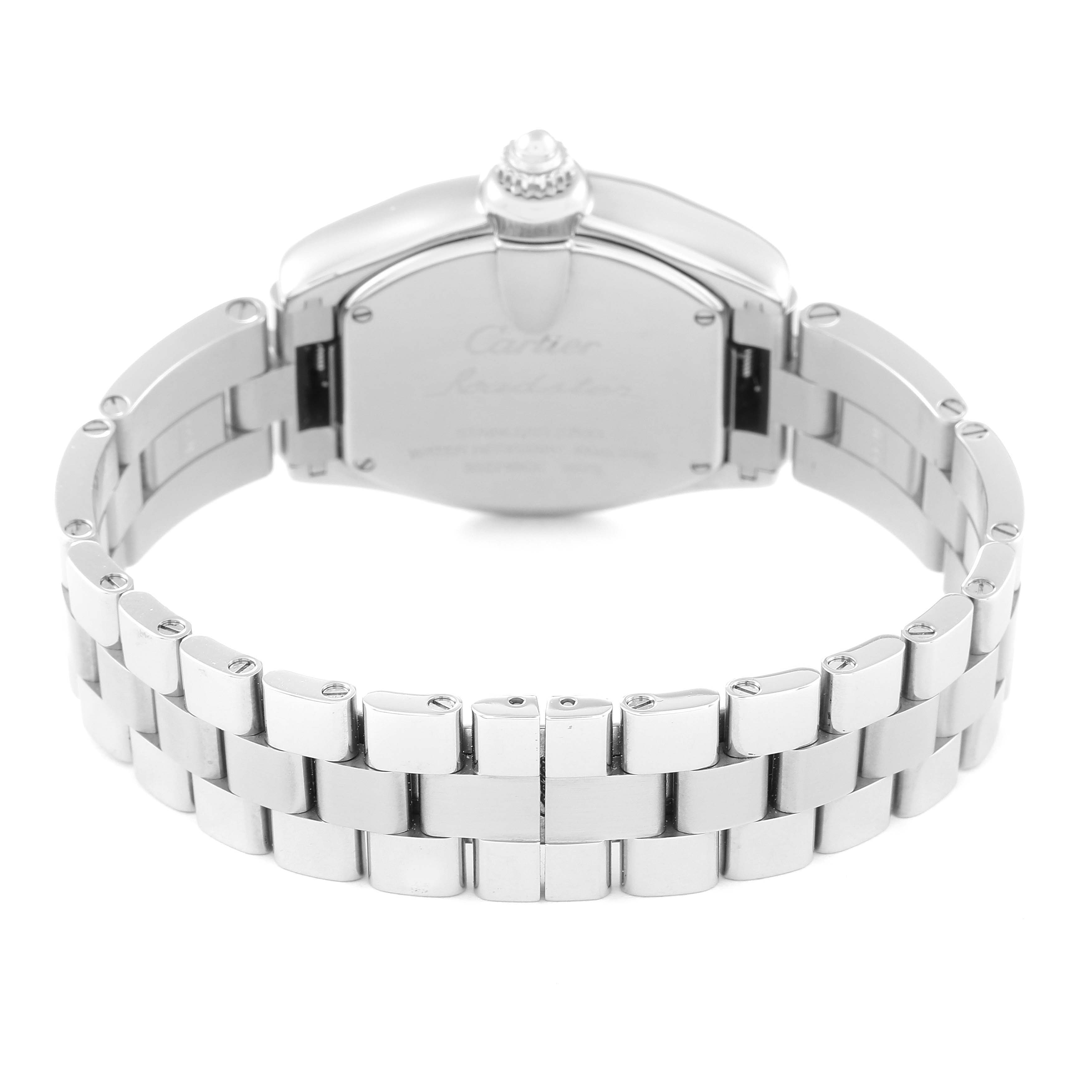 This image shows the back view of the Cartier Roadster W62016V3 Women
s Stainless Steel Silver Dial W62016V3 Women
s Stainless Steel Silver Dial watch, featuring its bracelet and clasp.