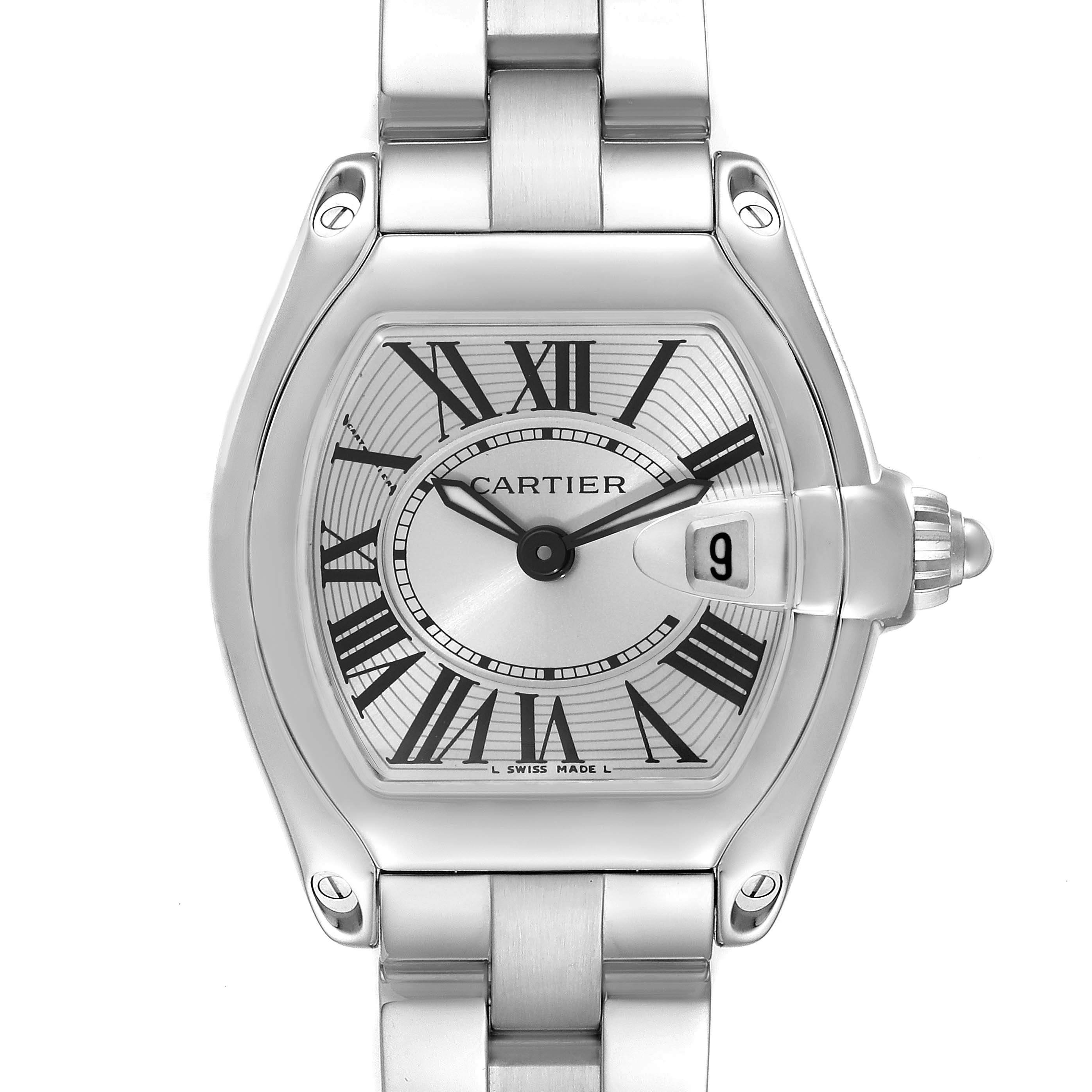 The image shows a front view of a Cartier Roadster W62016V3 Women
s Stainless Steel Silver Dial W62016V3 Women
s Stainless Steel Silver Dial watch, displaying its face, Roman numeral markers, and metal strap.