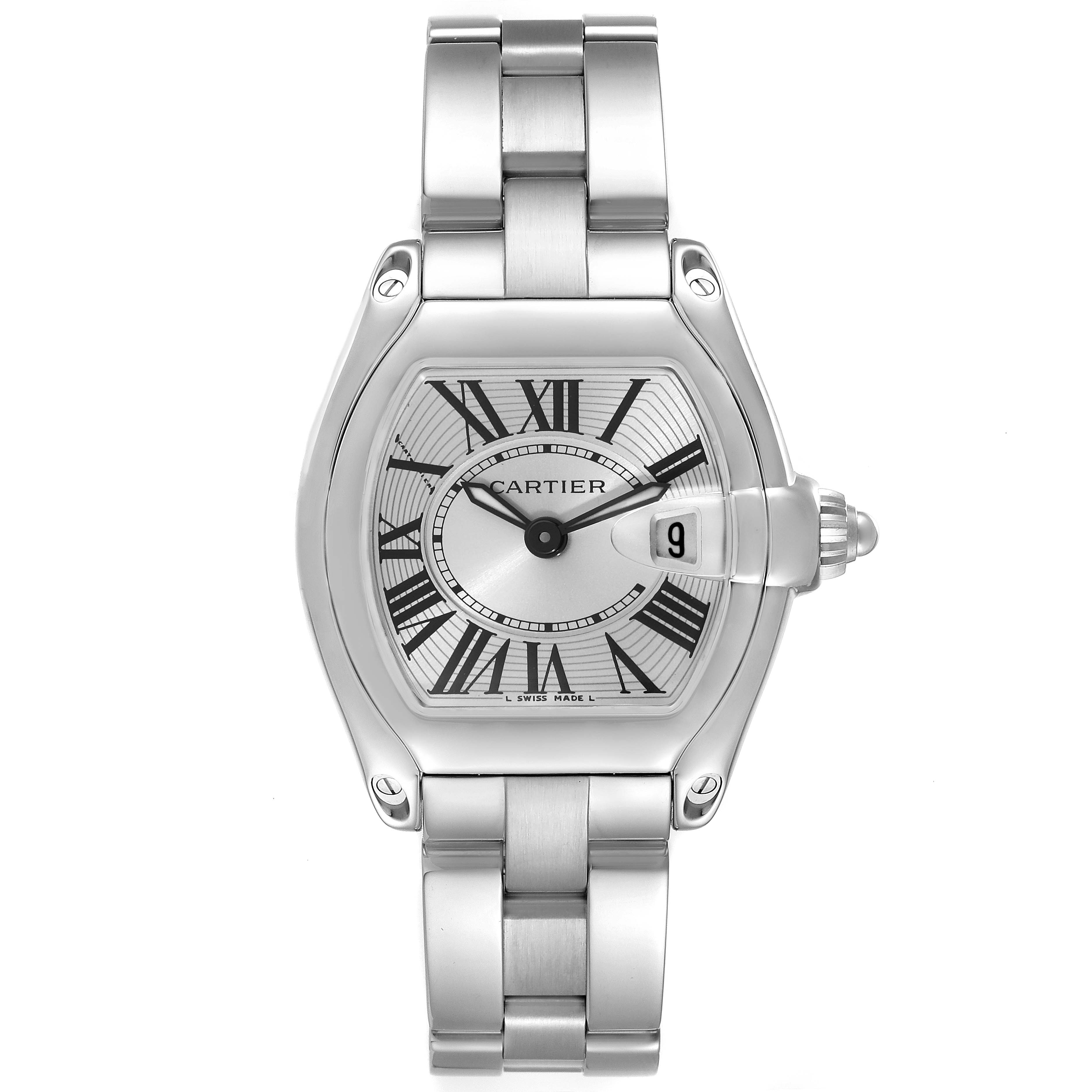 This image shows a Cartier Roadster W62016V3 Women
s Stainless Steel Silver Dial W62016V3 Women
s Stainless Steel Silver Dial watch from a front angle, highlighting its dial and bracelet.