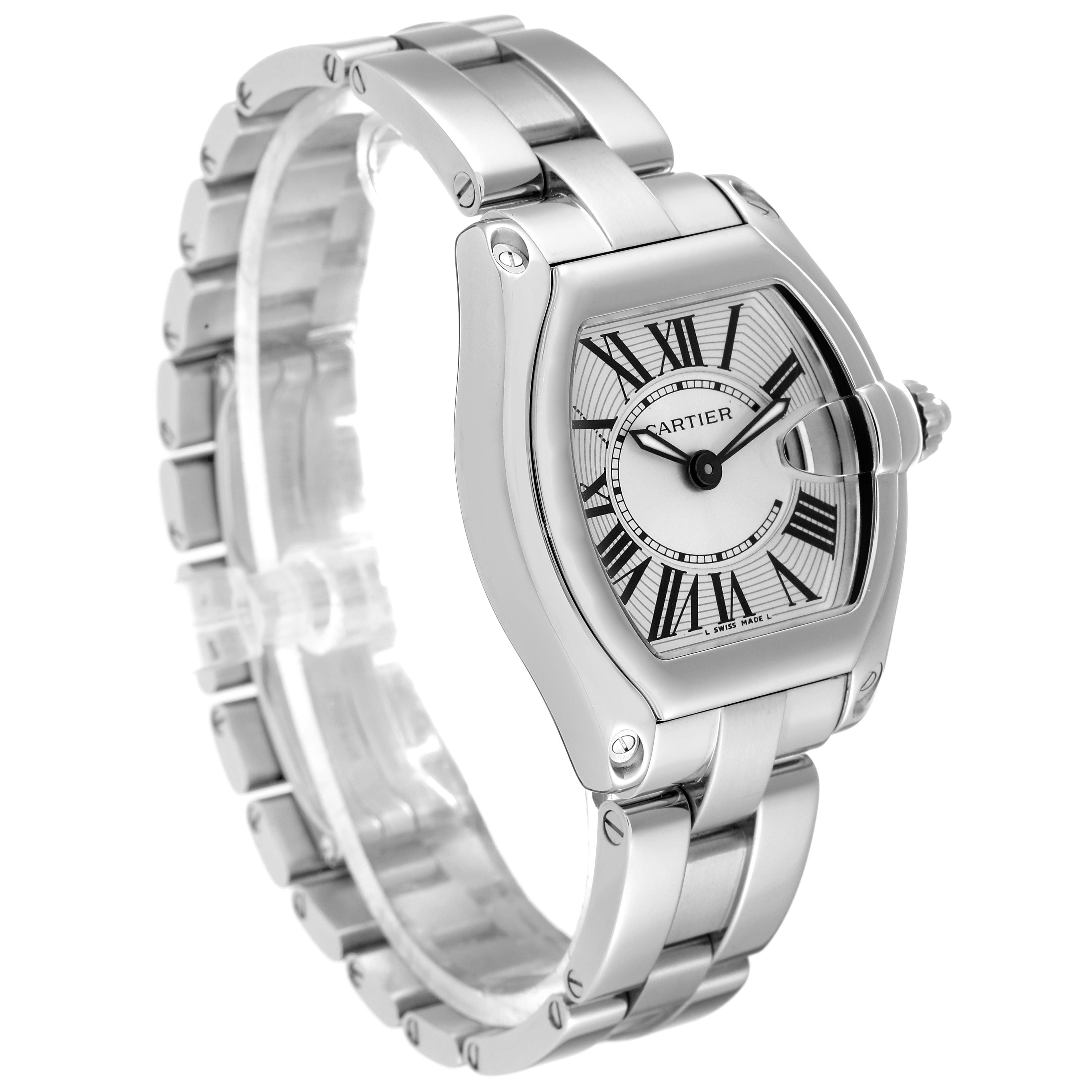 This is a Cartier Roadster W62016V3 Women
s Stainless Steel Silver Dial W62016V3 Women
s Stainless Steel Silver Dial watch shown from a side angle, highlighting the face, crown, and stainless steel bracelet.