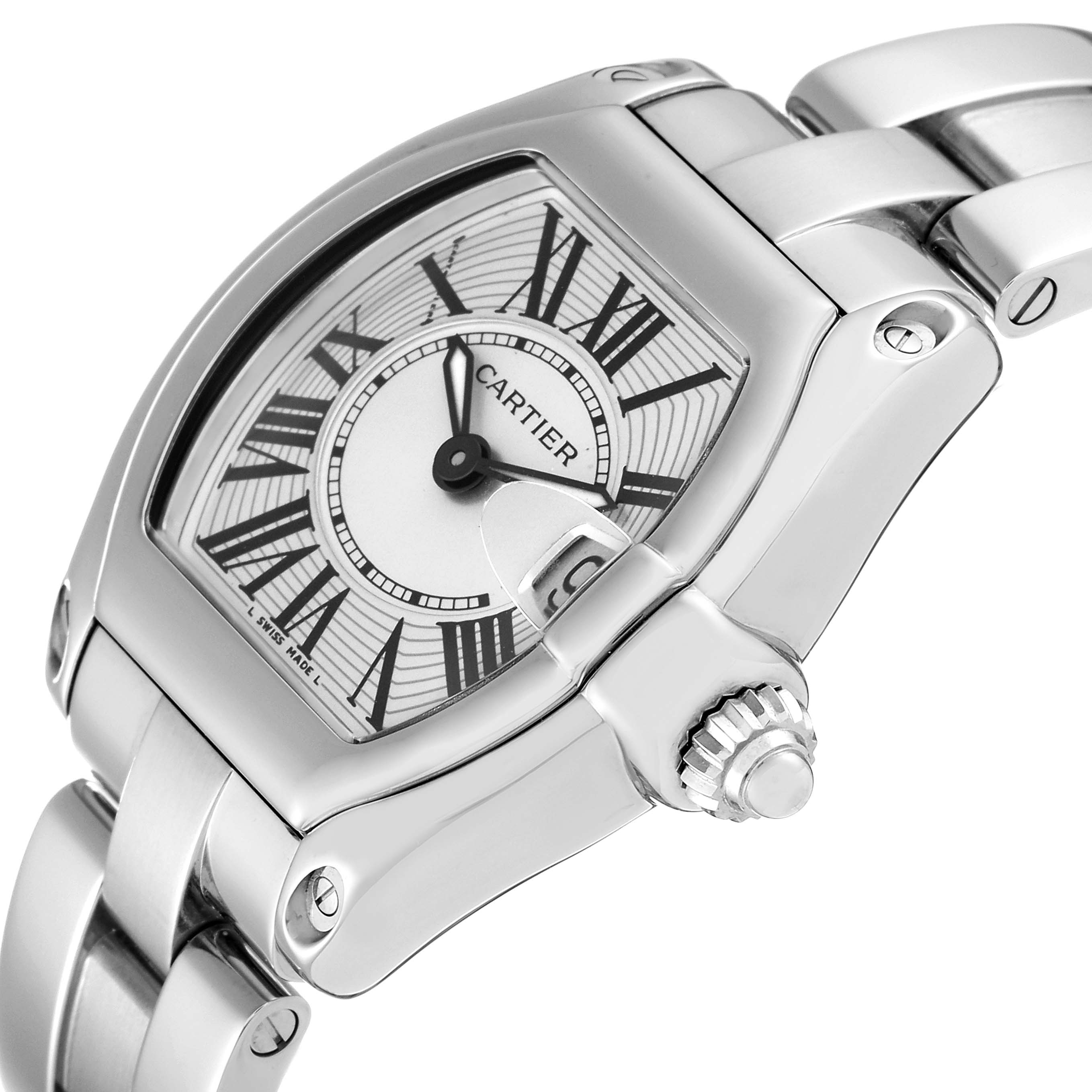 The image shows a close-up angle of the Cartier Roadster W62016V3 Women
s Stainless Steel Silver Dial W62016V3 Women
s Stainless Steel Silver Dial watch focusing on the face, bezel, and part of the bracelet.