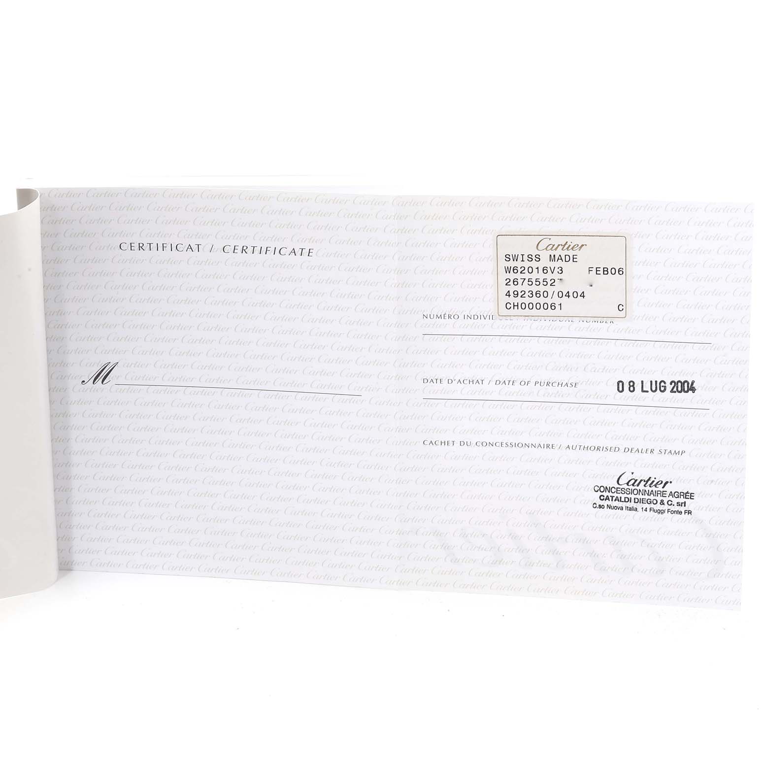 This is the certificate for a Cartier Roadster W62016V3 Women
s Stainless Steel Silver Dial W62016V3 Women
s Stainless Steel Silver Dial model watch, showing identification numbers, purchase date, and dealer stamp.