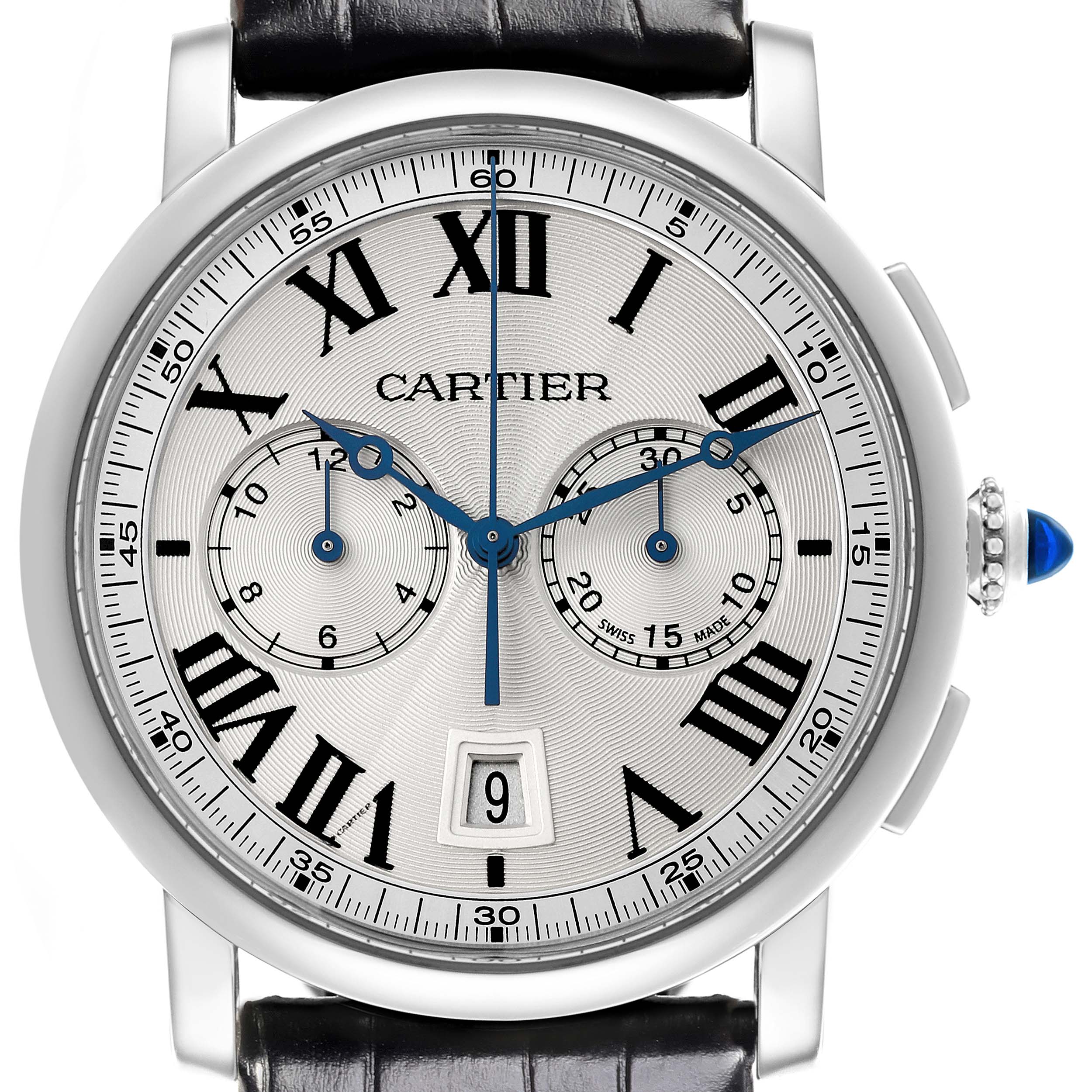 The image shows a front view of the Cartier Rotonde WSRO0002 Men
s Stainless Steel Silver Dial WSRO0002 Men
s Stainless Steel Silver Dial watch with its face, hands, and crown clearly visible.