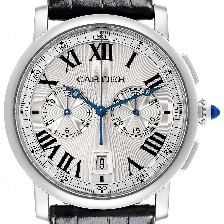 The image shows a front view of the Cartier Rotonde watch with its face, hands, and crown clearly visible.