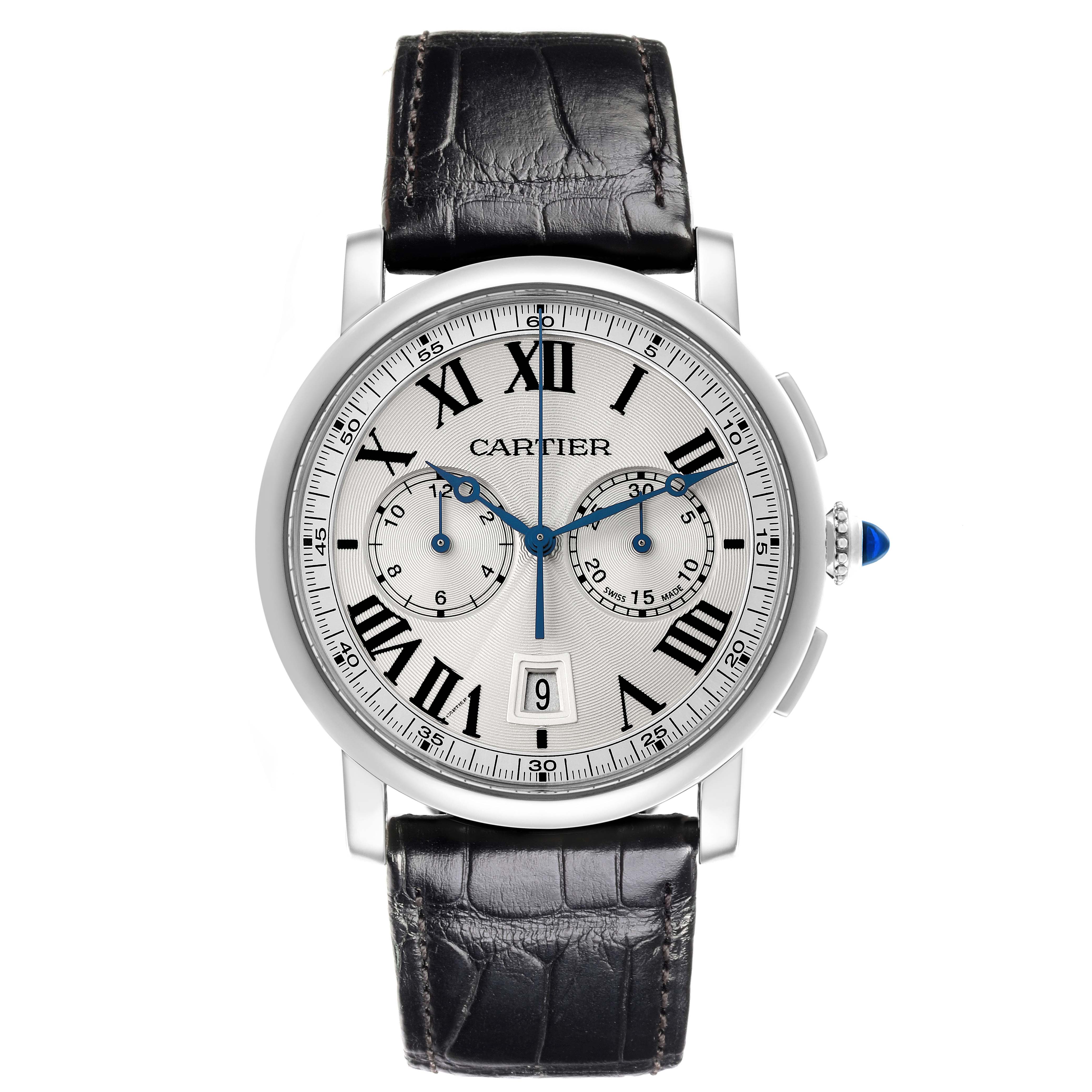 The Cartier Rotonde WSRO0002 Men
s Stainless Steel Silver Dial WSRO0002 Men
s Stainless Steel Silver Dial watch is shown from the front, highlighting its dial, strap, and crown.
