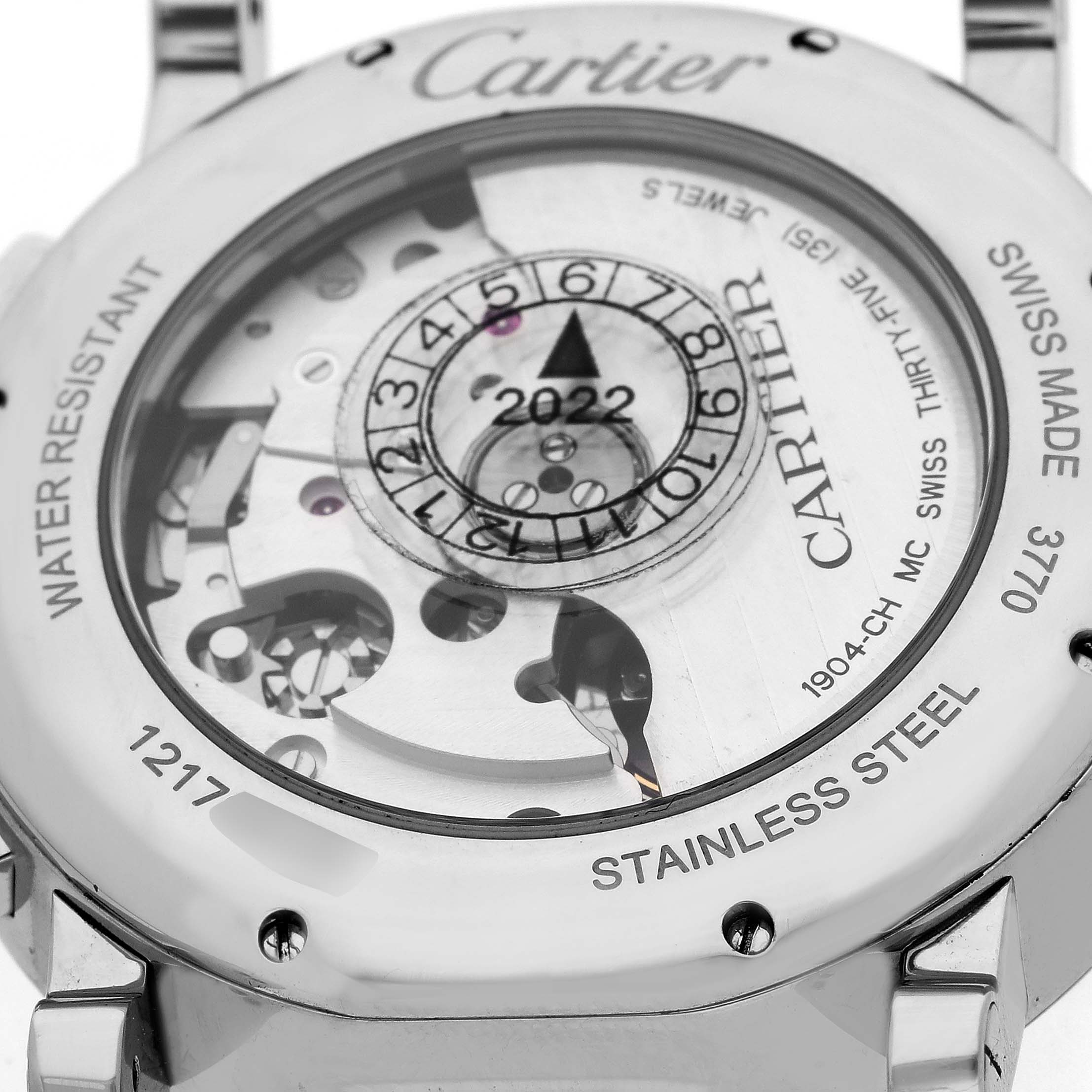 The image shows the back case and movement of the Cartier Rotonde WSRO0002 Men
s Stainless Steel Silver Dial WSRO0002 Men
s Stainless Steel Silver Dial watch.
