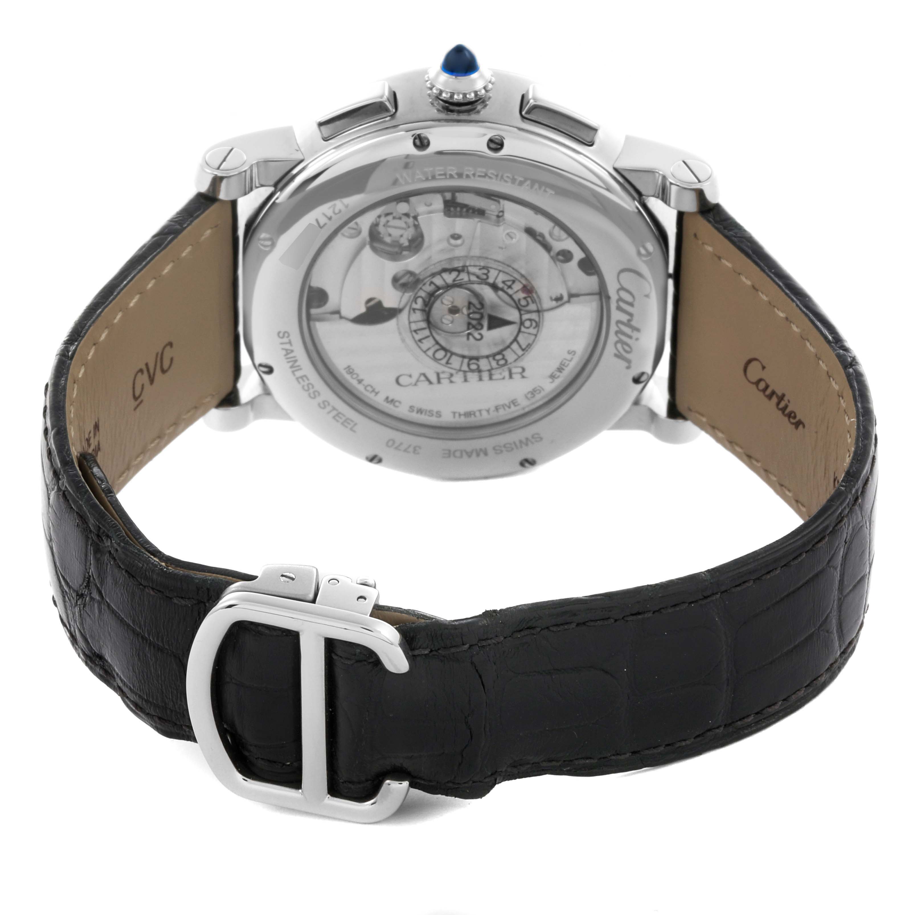 The Cartier Rotonde WSRO0002 Men
s Stainless Steel Silver Dial WSRO0002 Men
s Stainless Steel Silver Dial watch is shown from the back, highlighting the transparent case back, movement, and leather strap.