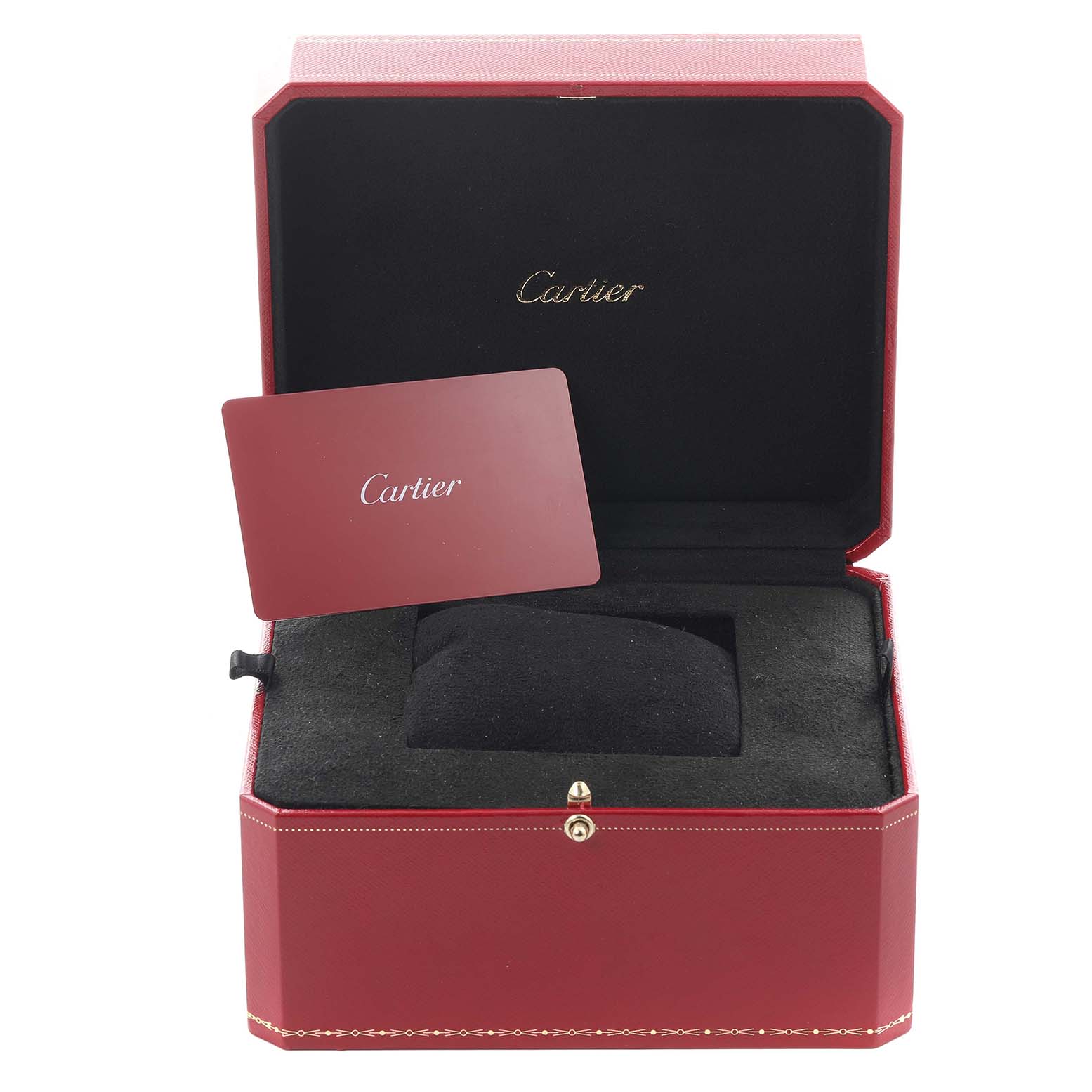 The image shows the open presentation box and warranty card for a Rotonde model by Cartier.